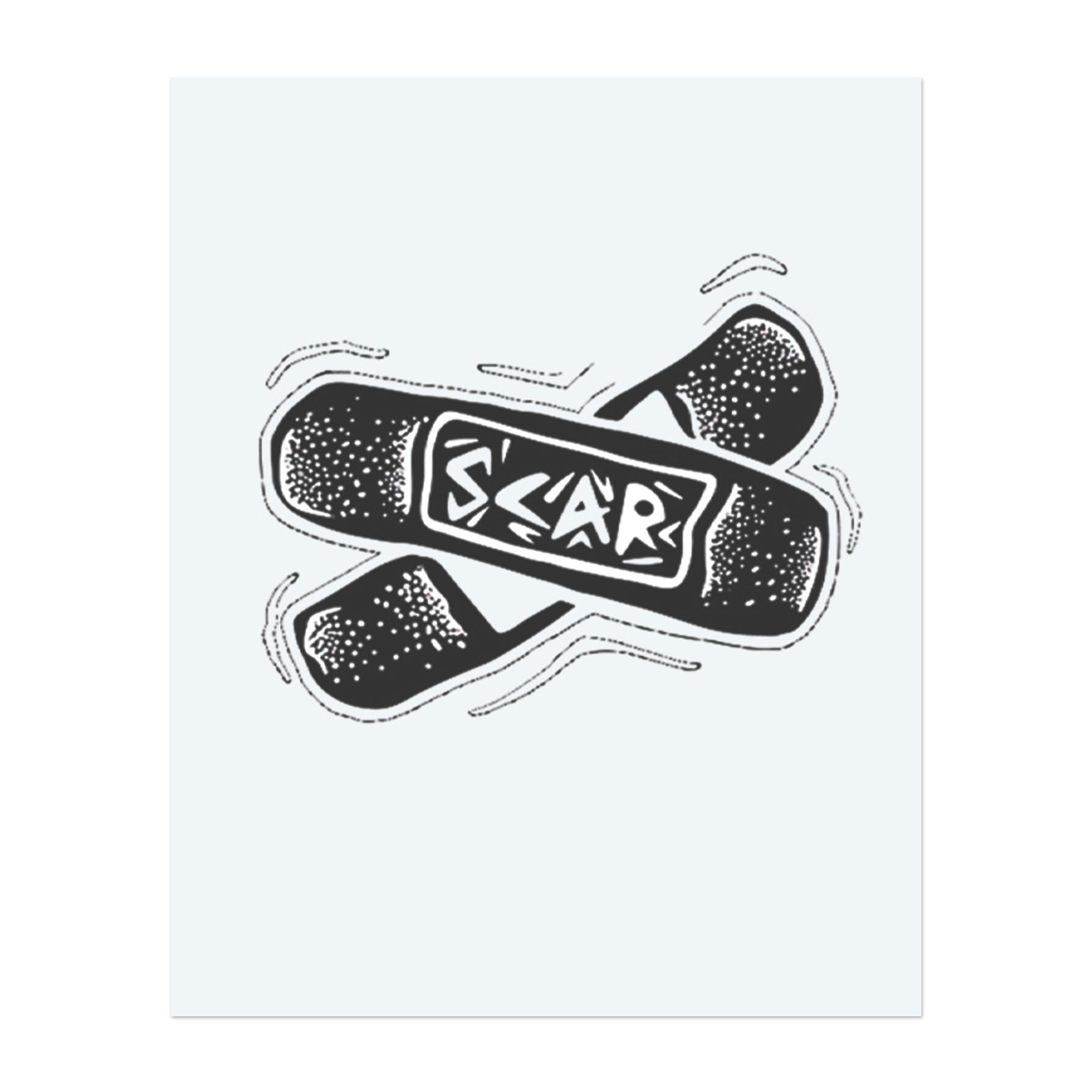 Deux bandages superposés forment un « X » avec le mot « SCAR » clairement visible au centre. Ce tatouage temporaire ludique mais expressif combine des ombres de type bande dessinée avec un message audacieux de guérison et de force à travers l'imperfection.</span></p>