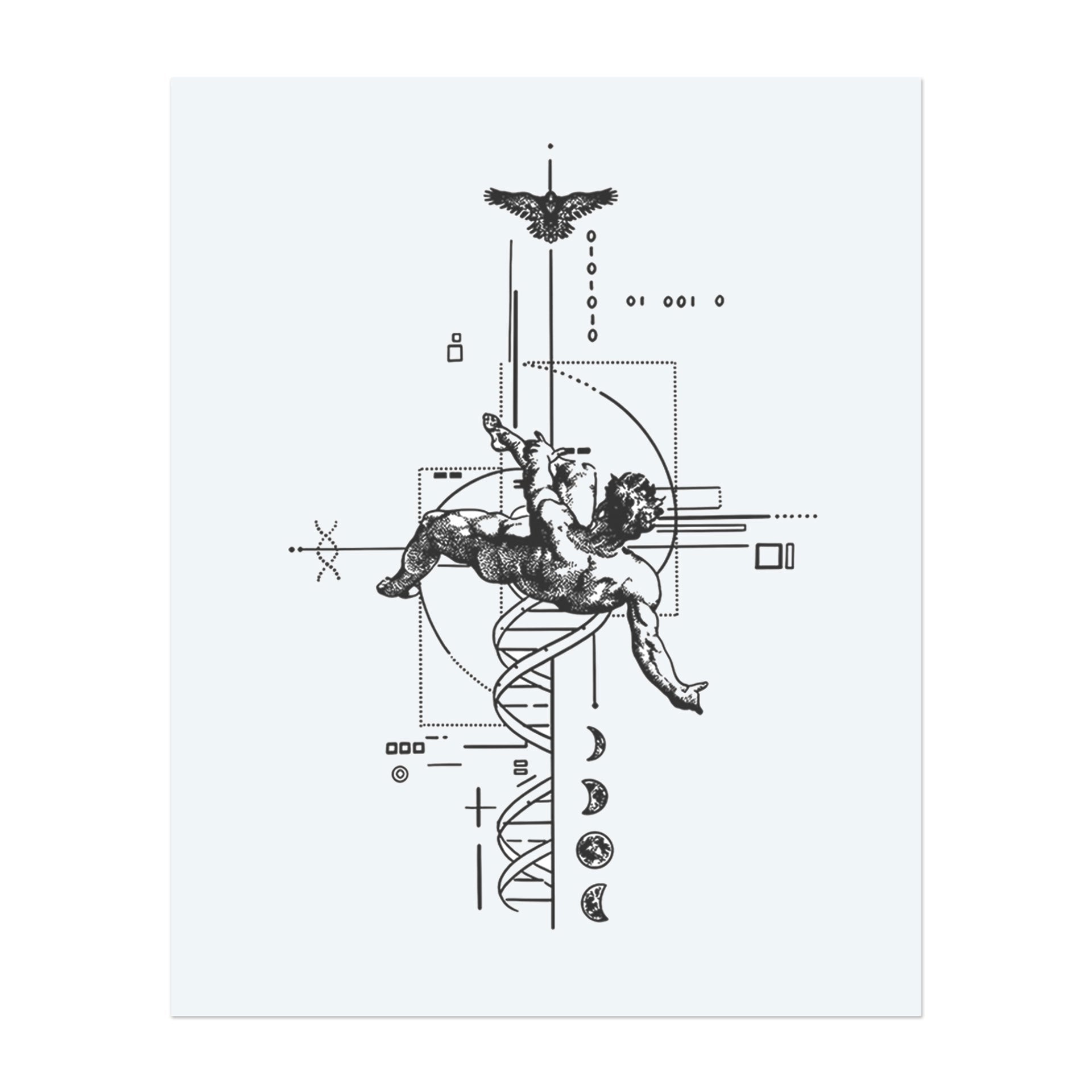 Ce design est une fusion d'art classique et de symbolisme futuriste. Il représente une silhouette musclée entrelacée avec une hélice d'ADN, entourée de motifs géométriques, de phases de lune et de code binaire. Il explore l’intersection de la création, de la science et du destin cosmique.</span></p>