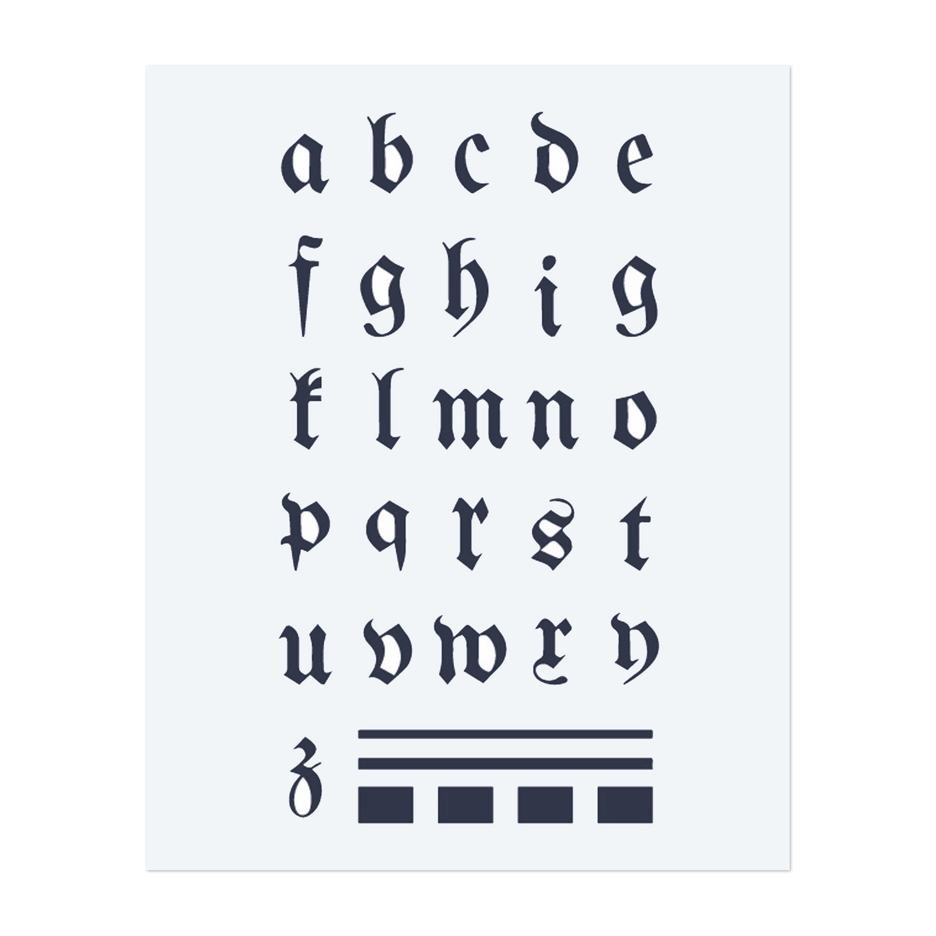 Ein Bündel gotischer Buchstaben und Symbole. Dieses Design beinhaltet das vollständige Alphabet und dekorative Linien, perfekt für personalisierte Schriftzüge und kräftige, klassische Typografie.