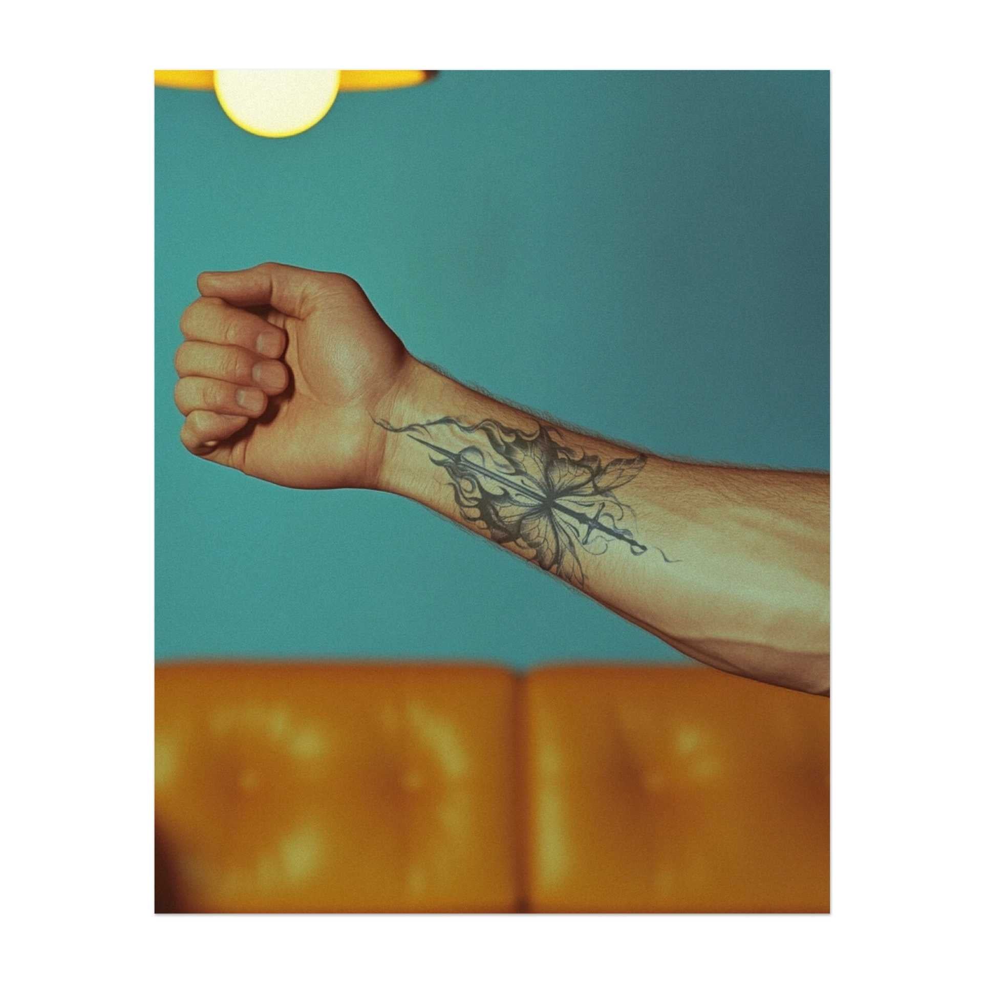 Ein graziler Schmetterling mit Flügeln aus scharfen, fließenden Flammen, die um ein Schwert zentriert sind. Das Tattoo vereint Sanftheit und Stärke, symbolisiert Transformation und Widerstandsfähigkeit, während das Schwert durch den Rauch des Kampfes schneidet.