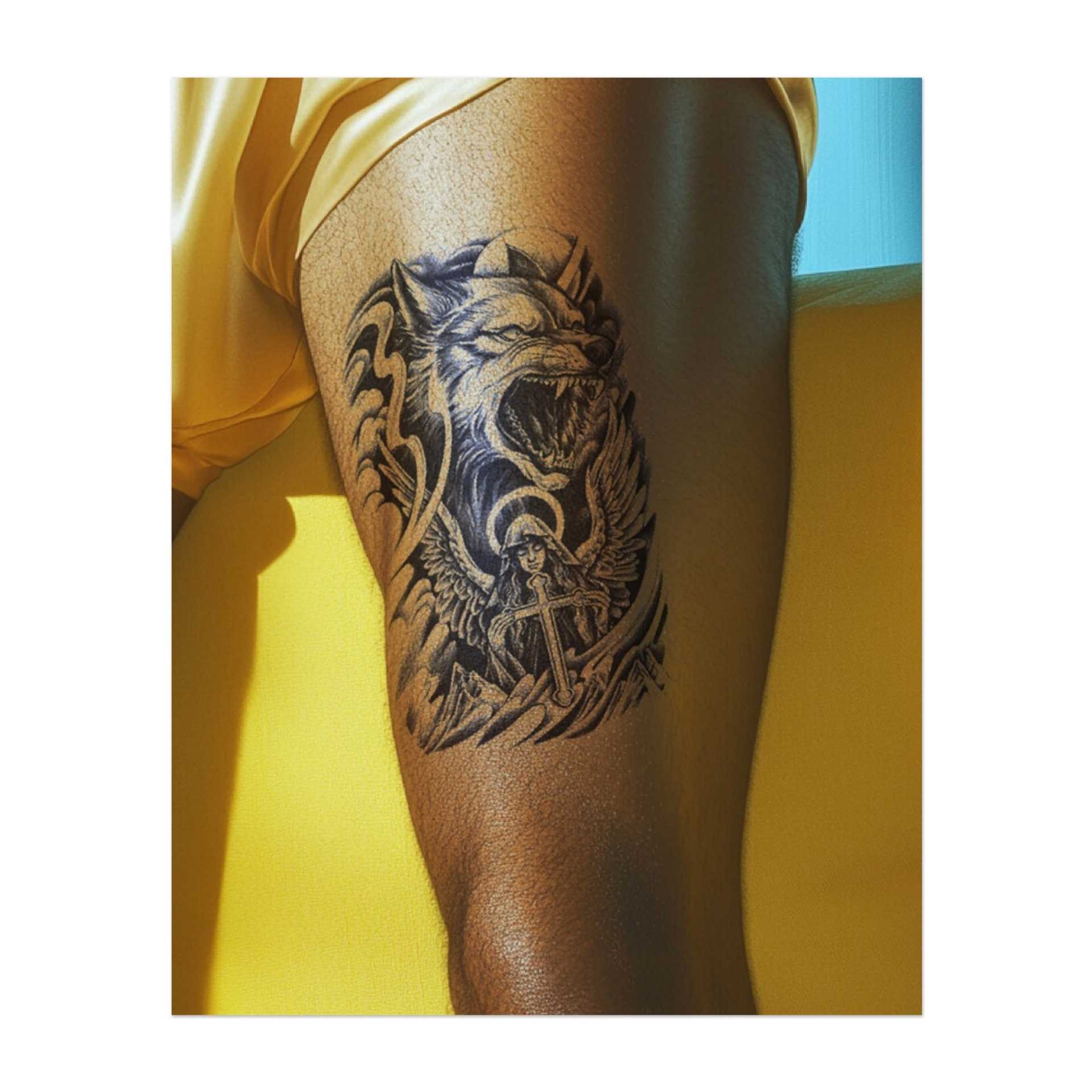 Ein furchterregender Wolf, der aus dem Hintergrund eines Engels mit einem Kreuz hervorbrüllt, während Berge und wirbelnde Wolken im Hintergrund zu sehen sind. Das Tattoo stellt den Gegensatz zwischen Macht und Schutz dar und zeigt das Gleichgewicht zwischen Stärke und Frieden.