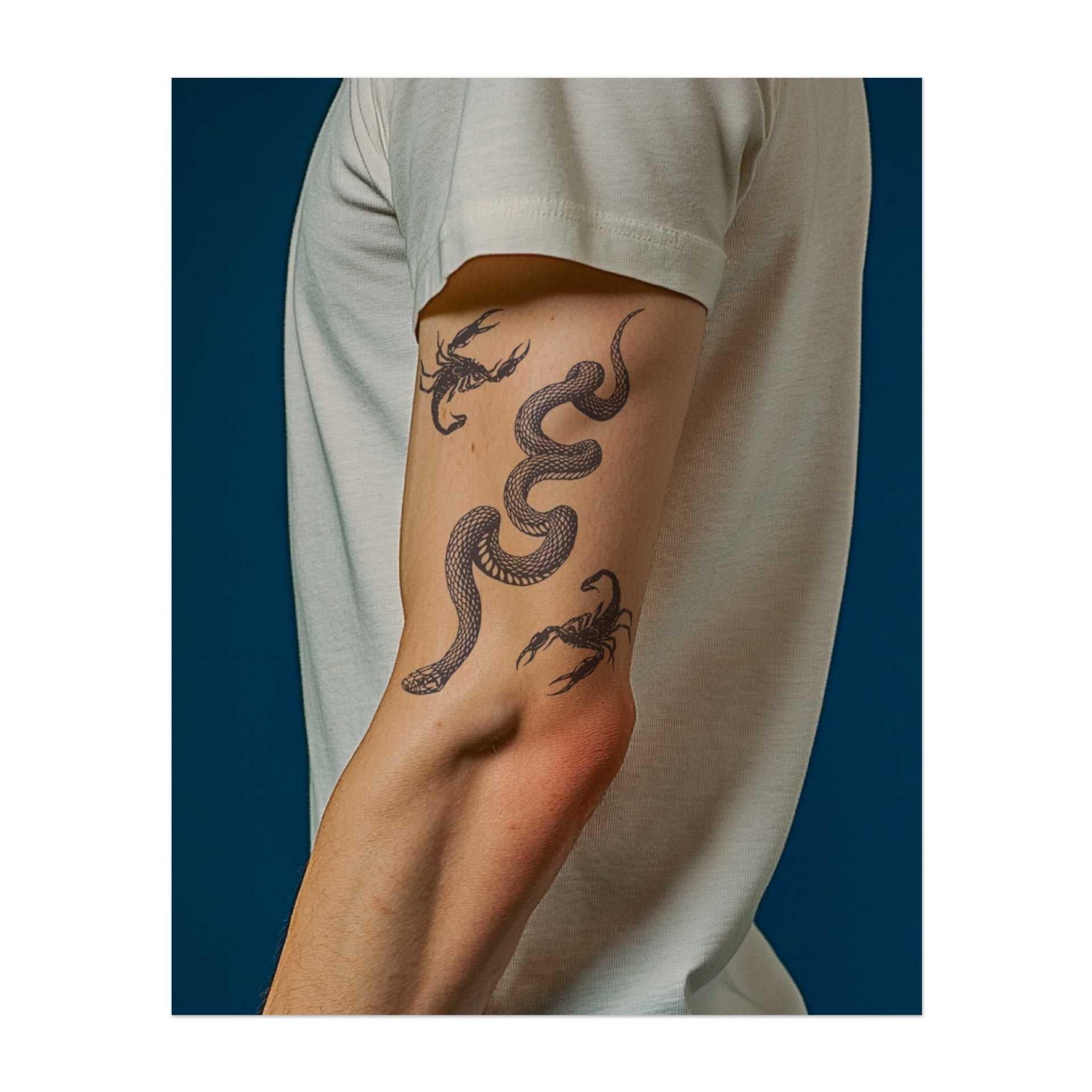 Eine elegante Schlange, die sich windet, mit Skorpionen an beiden Enden. Das Design symbolisiert Gefahr und Widerstandsfähigkeit.