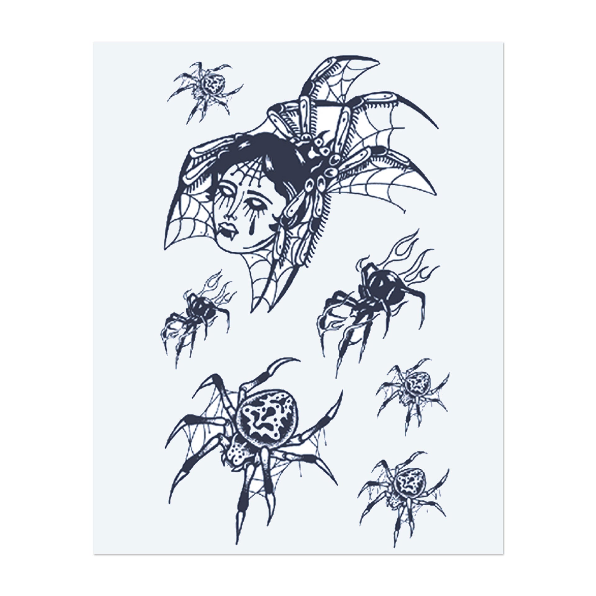 Ein faszinierendes Design mit dem Gesicht einer Frau, umgeben von einem Spinnennetz, in dem Spinnen um sie krabbeln. Das Tattoo symbolisiert das Gleichgewicht zwischen Schönheit und Gefahr, mit einer gotischen, geheimnisvollen Atmosphäre, die sowohl Stärke als auch unheimliche Anziehungskraft vereint.