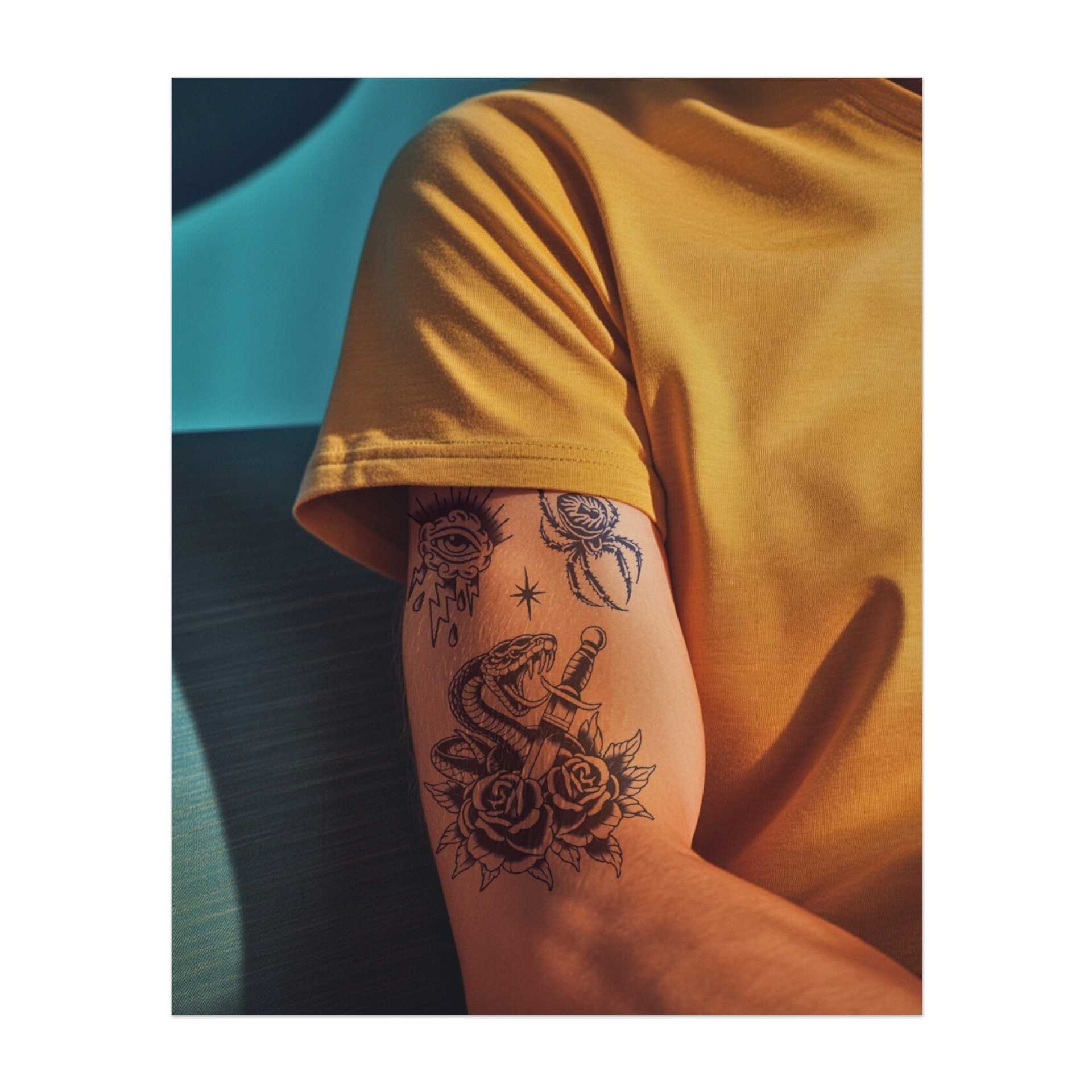 Ein Bündel kräftiger Designs: ein Auge mit Blitz für Einsicht, eine detaillierte Spinne, die Geduld symbolisiert, und eine Schlange, die sich um Rosen windet, was Stärke, Gefahr und Schönheit vereint.