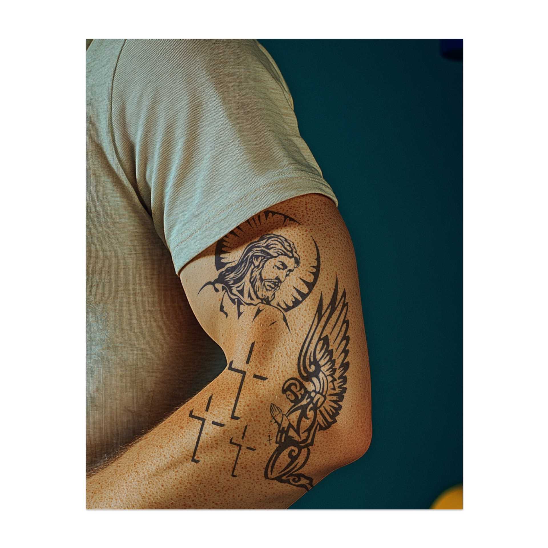 Ein Bündel christlicher Symbole: Das Gesicht von Jesus mit einem Heiligenschein, ein Engel im Gebet mit Flügeln und verschiedene Kreuze. Jedes Symbol repräsentiert Glauben, Gebet und göttlichen Schutz und vermittelt spirituelle Stärke und Führung.