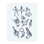 Ein Bündel kräftiger Symbole: ein Boxer, betende Hände mit einem Schwert, ein Skorpion, eine Rose mit einem Dolch, ein Globus, ein Rosenkranz und eine Waffe. Diese Designs vereinen Themen wie Stärke, Liebe, Glauben und Schutz.