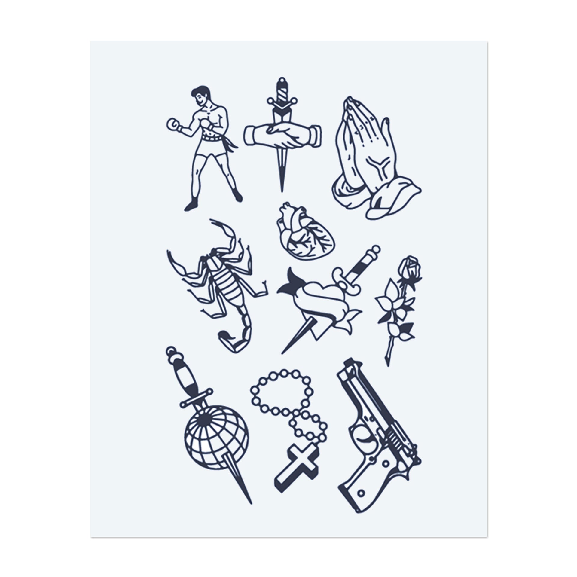 Ein Bündel kräftiger Symbole: ein Boxer, betende Hände mit einem Schwert, ein Skorpion, eine Rose mit einem Dolch, ein Globus, ein Rosenkranz und eine Waffe. Diese Designs vereinen Themen wie Stärke, Liebe, Glauben und Schutz.