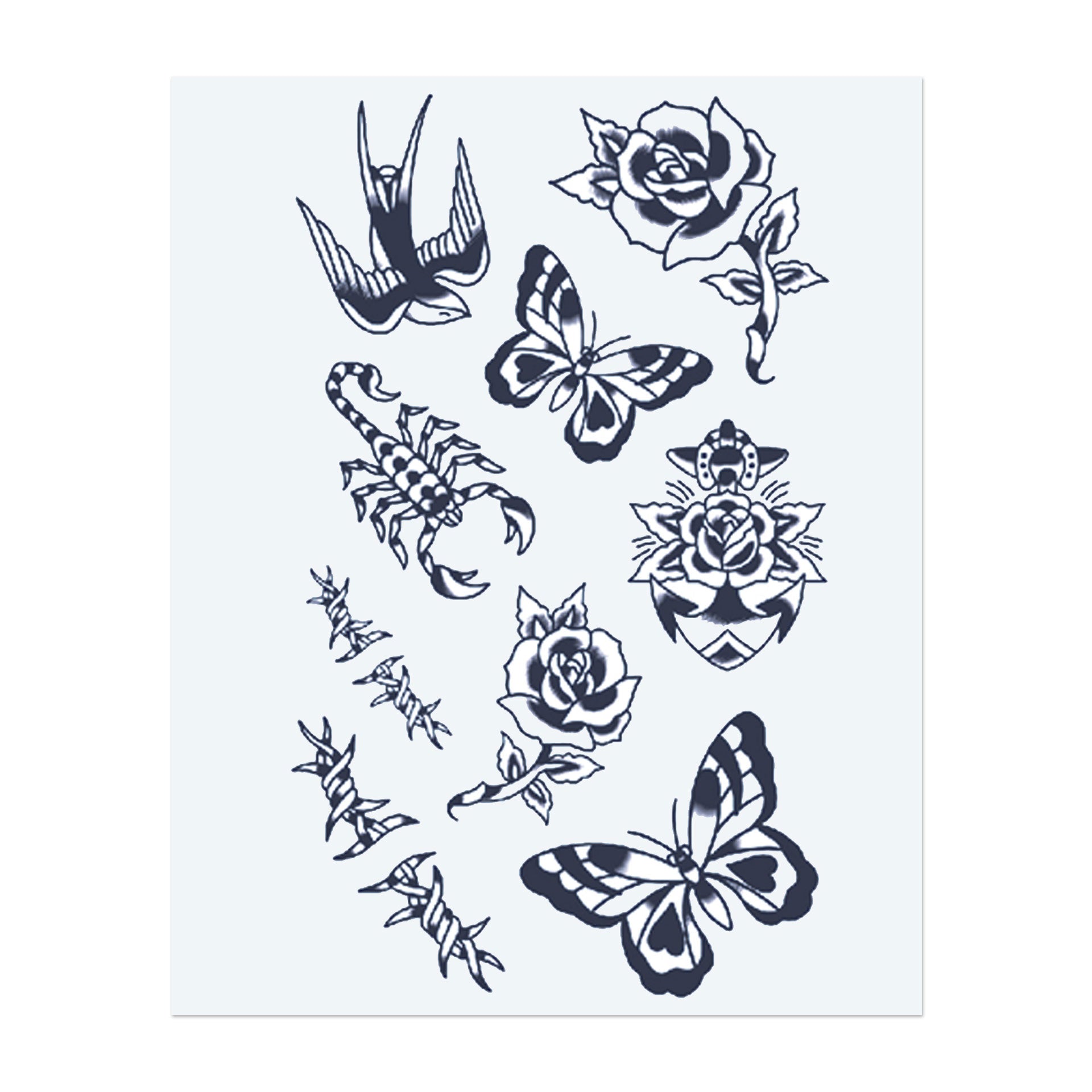 Ein Bündel kontrastreicher Symbole: fliegende Schwalben, ein Skorpion, lebendige Schmetterlinge, blühende Rosen und ein Marienkäfer. Diese Designs vereinen die Schönheit der Natur mit Gefahr und fangen Themen wie Freiheit, Transformation und Stärke ein.