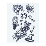 Ein Bündel kantiger und spielerischer Designs: ein brüllender Tiger mit Sonnenbrille, ein Netz mit Herzen, eine Toiletten-Schädel-Form mit "DON'T TALK SH*T", eine Rose, eine Skeletthand, die einen Dolch hält, und mehr. Diese Tattoos verbinden Humor, Gefahr und Rebellion.