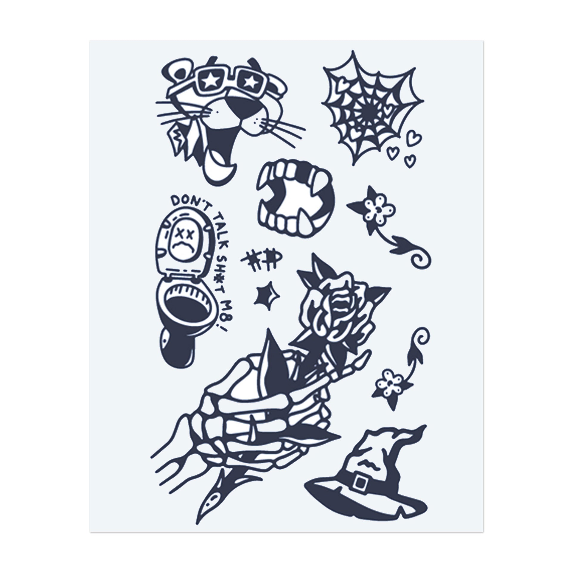 Ein Bündel kantiger und spielerischer Designs: ein brüllender Tiger mit Sonnenbrille, ein Netz mit Herzen, eine Toiletten-Schädel-Form mit "DON'T TALK SH*T", eine Rose, eine Skeletthand, die einen Dolch hält, und mehr. Diese Tattoos verbinden Humor, Gefahr und Rebellion.