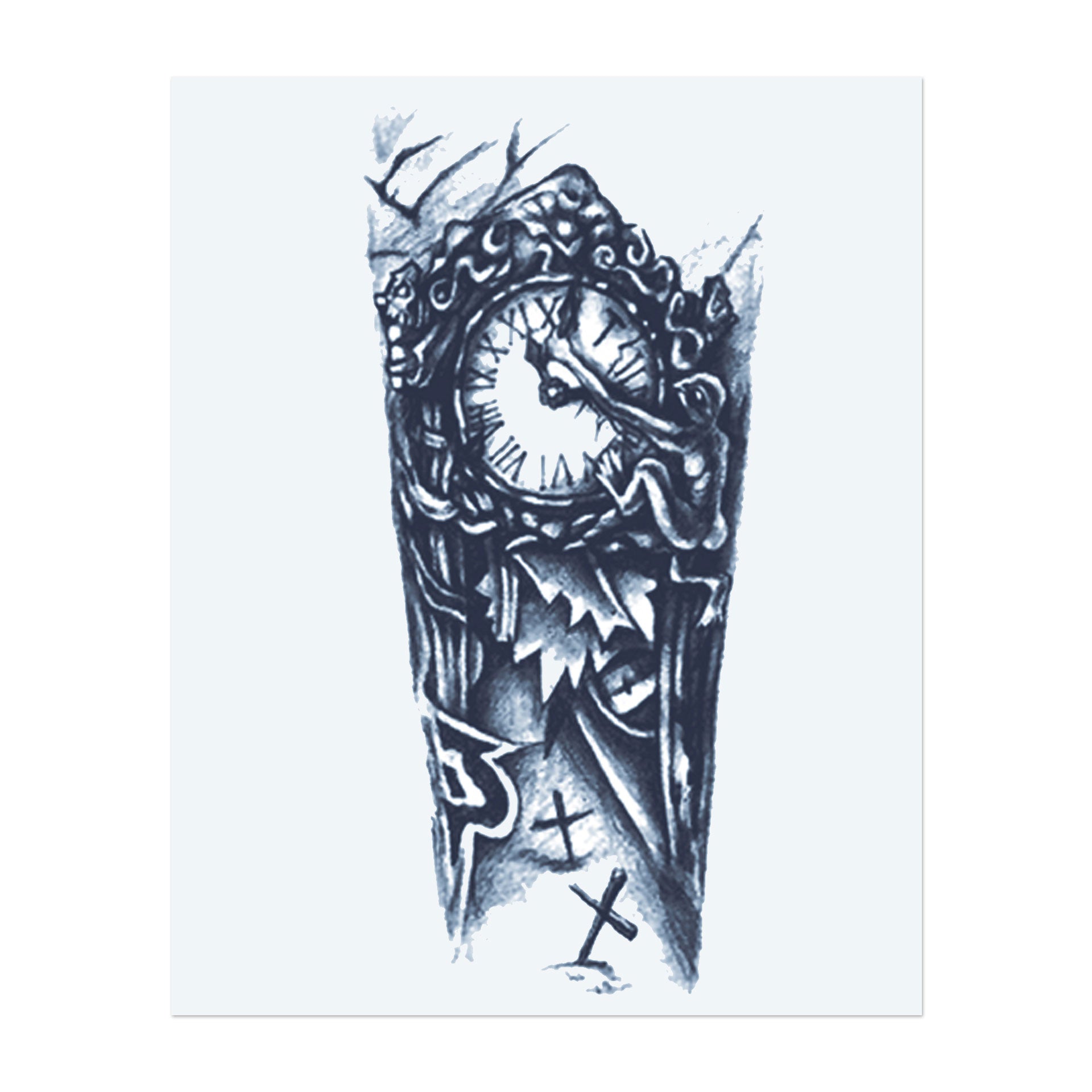 Ein Tattoo einer zerbrochenen Uhr mit römischen Ziffern, umgeben von Rissen und Kreuzen. Es symbolisiert den Ablauf der Zeit und die Idee, dass Zeit, einmal zerbrochen, nicht wieder repariert werden kann. Ein bedeutungsvolles Design für jemanden, der über die Vergänglichkeit des Lebens nachdenkt.