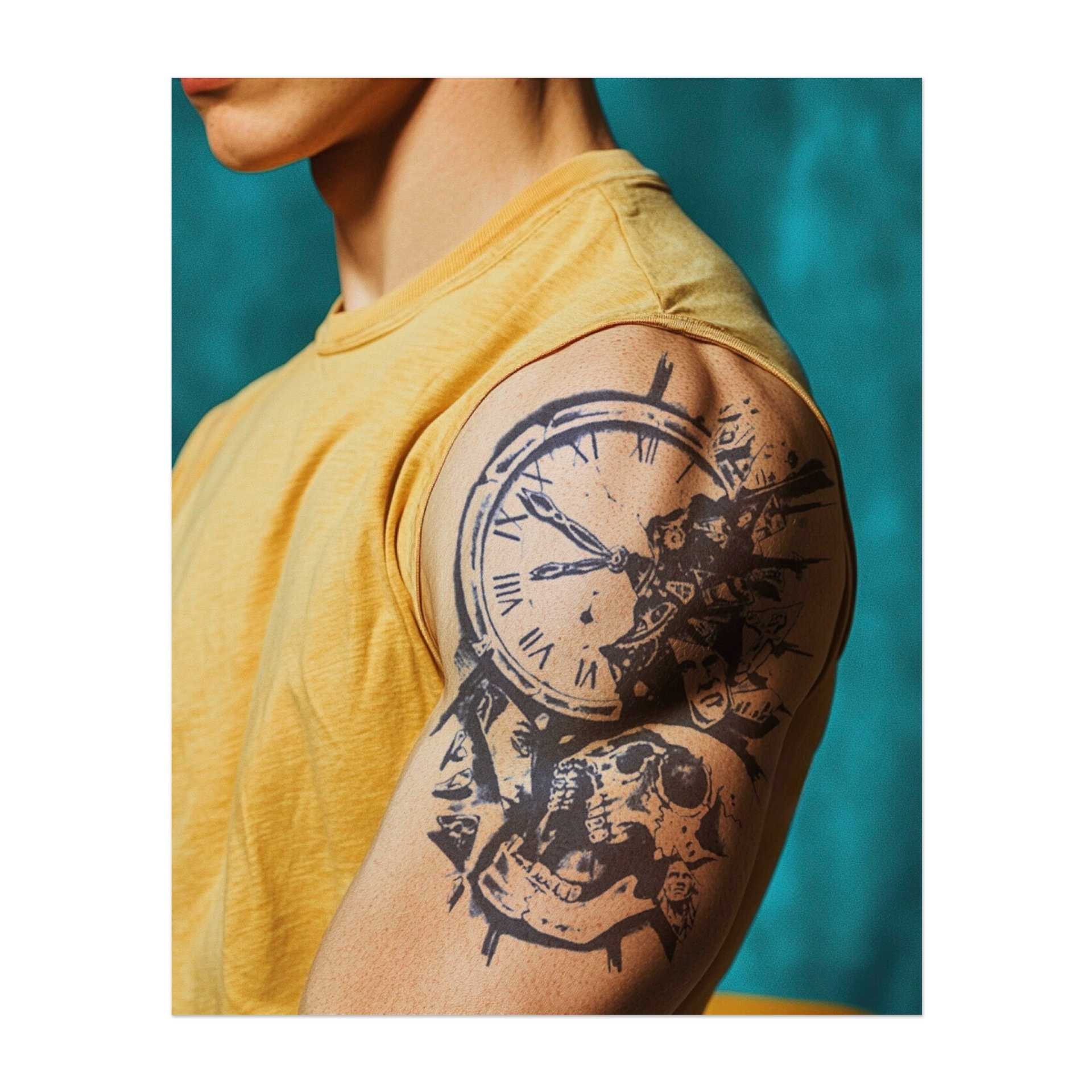 Ein dramatisches Tattoo mit einem Totenkopf und einer Uhr, bei dem die Zeit zu zerbrechen scheint. Es repräsentiert den unaufhaltbaren Fluss der Zeit und die Gewissheit des Todes. Ein kraftvolles, nachdenkliches Design für diejenigen, die über die Vergänglichkeit des Lebens nachdenken.