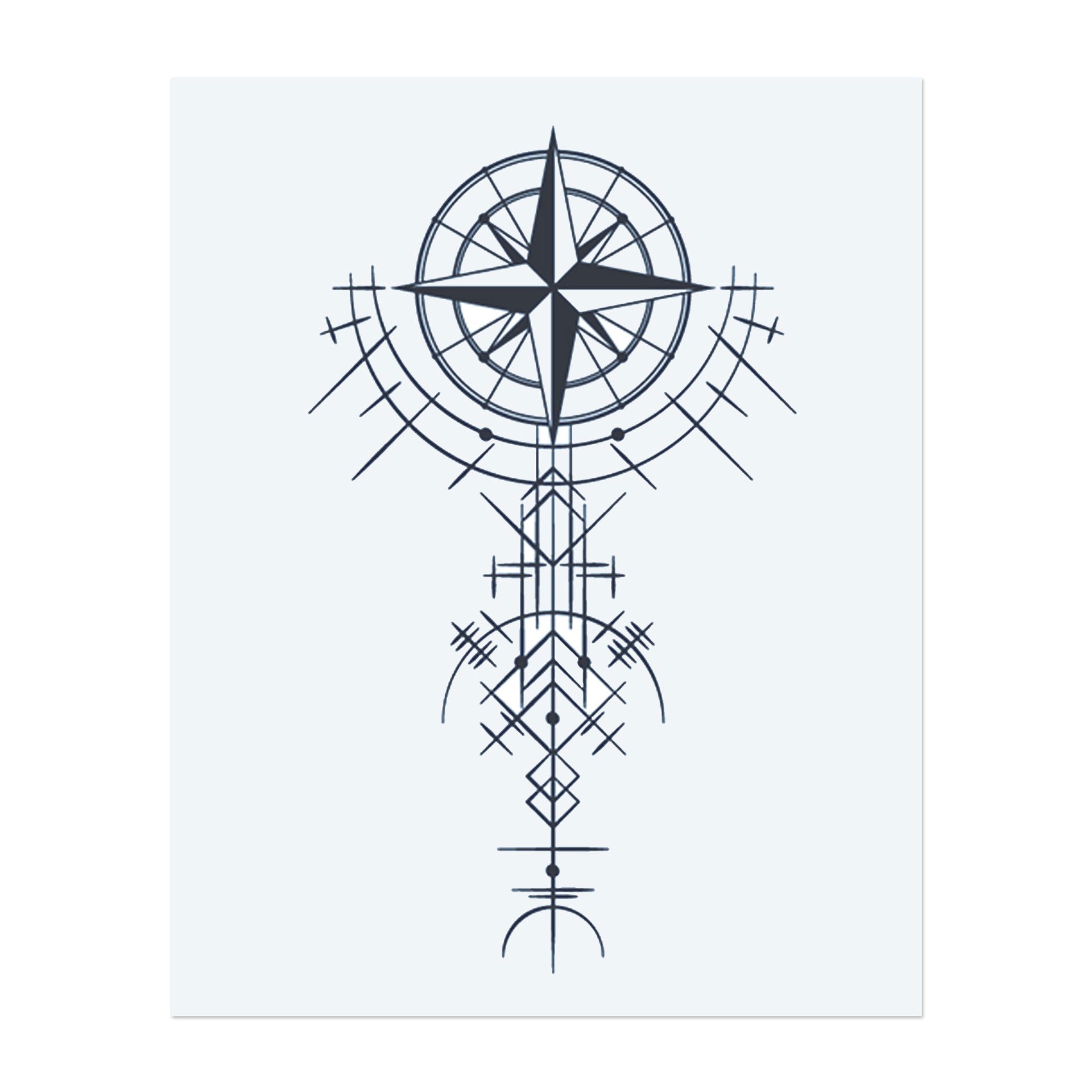 Ein einzigartiges und kompliziertes Design mit einem Stern-Kompass, umgeben von geometrischen Mustern und Linien. Dieses Tattoo symbolisiert Führung, Richtung und das Streben nach dem wahren Lebensweg und ist ideal für jemanden, der Balance und Klarheit in seiner Reise sucht.