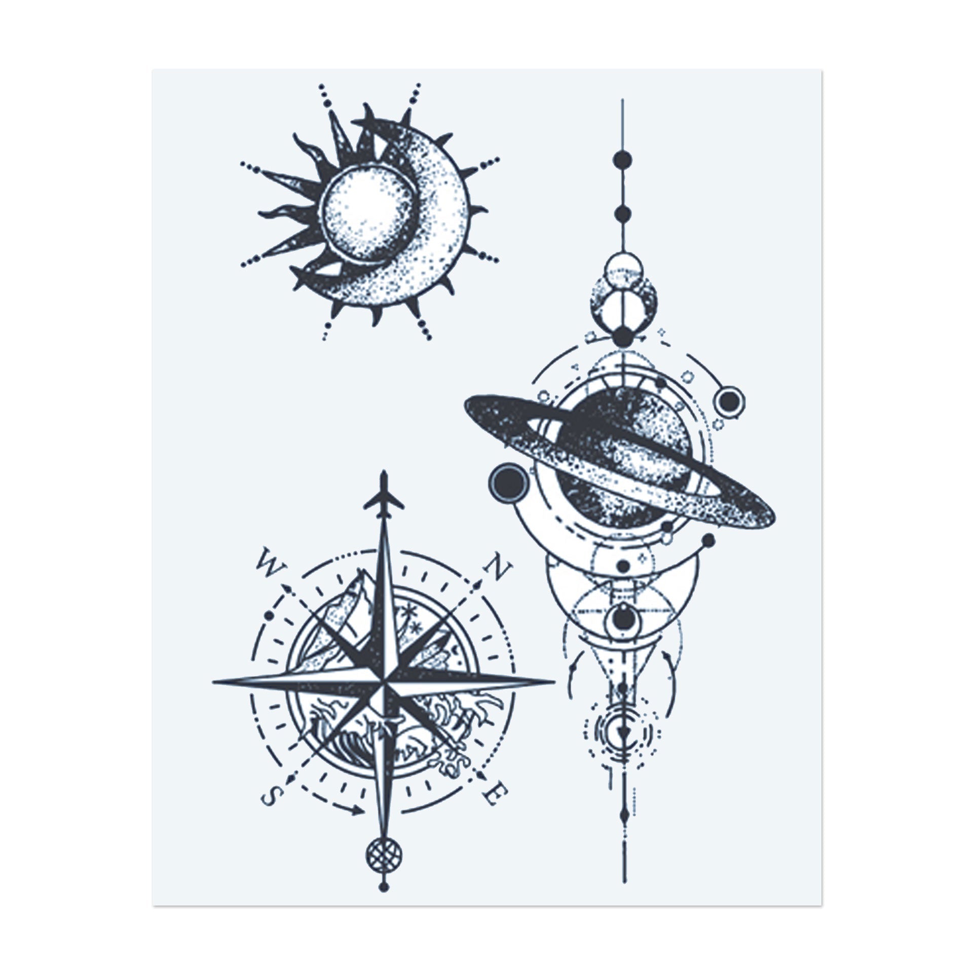 Ein himmlisches Tattoo-Set mit der Sonne, einem Kompass und planetaren Symbolen. Diese Designs repräsentieren Entdeckung, das Universum und die Führung der Sterne. Perfekt für jemanden, der Abenteuer, Entdeckung und eine tiefere Verbindung zum Universum sucht.