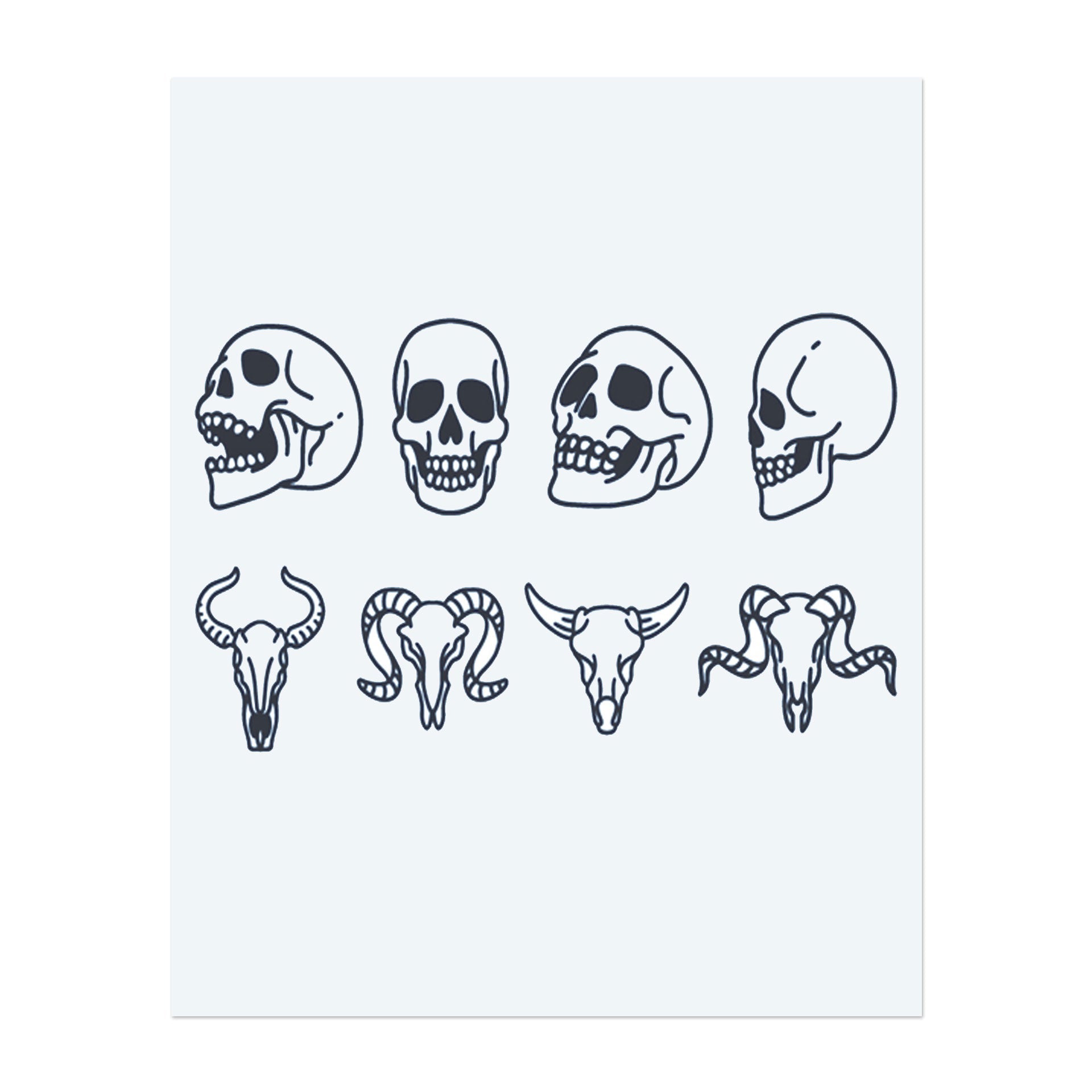 Eine Reihe von Totenschädel-Designs, einschließlich vollständiger Schädel und Tierschädel, die verschiedene Winkel und Stile zeigen. Diese Tattoos symbolisieren Sterblichkeit, Stärke und die rohe Schönheit von Leben und Tod. Perfekt für jemanden, der das Konzept der Vergänglichkeit des Lebens und die Kraft des Tiergeistes umarmt.
