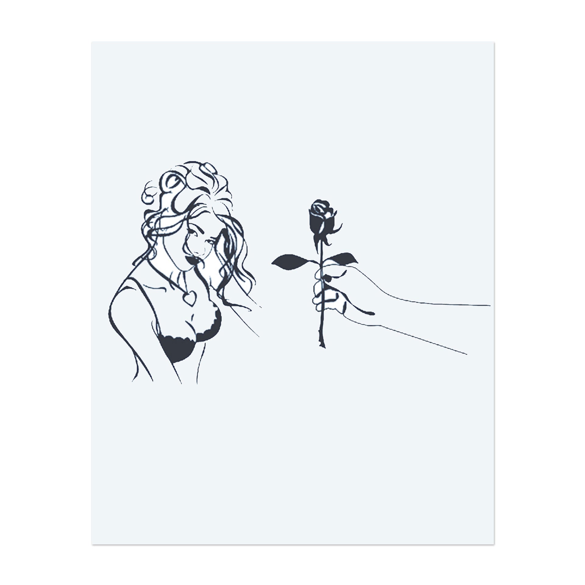 Eine Hand, die einer Frau, die friedlich liegt, eine Rose überreicht. Dieses Design symbolisiert Liebe, Schönheit und die Handlung des Gebens und fängt einen zarten, romantischen Moment ein. Perfekt für jemanden, der Zuneigung und die stille Schönheit der Verbindung schätzt.