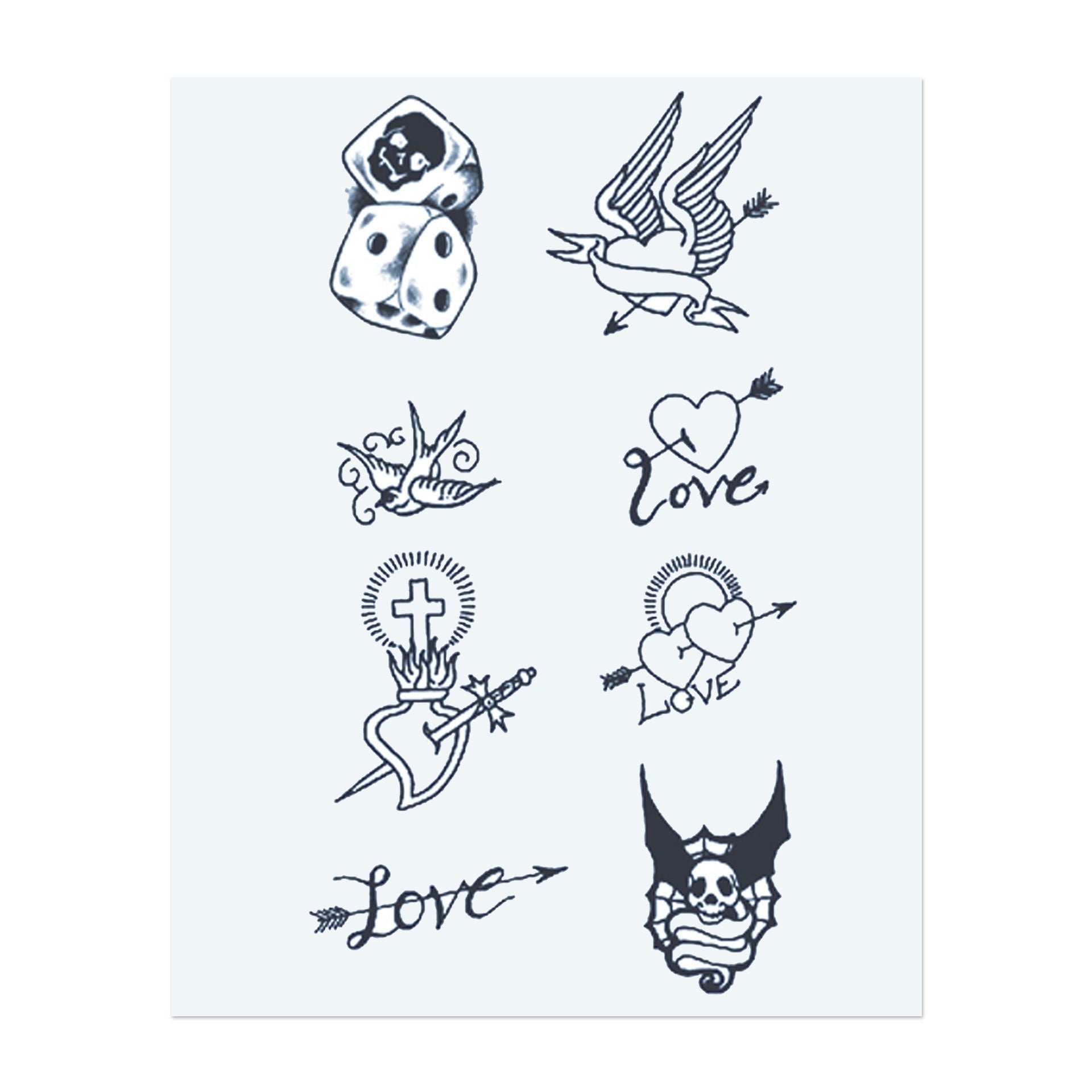 Ein Bündel von Symbolen der Liebe und des Zufalls, wie Würfel, Vögel, Herzen, Schwerter und Totenschädel. Jedes Design ist mit einem Pfeil oder dem Wort "Love" verbunden und fängt das Wesen von Leidenschaft, Schicksal und Romantik ein. Perfekt für jemanden, der Liebe in all ihren Formen und den Nervenkitzel des Lebens' Unberechenbarkeit schätzt.