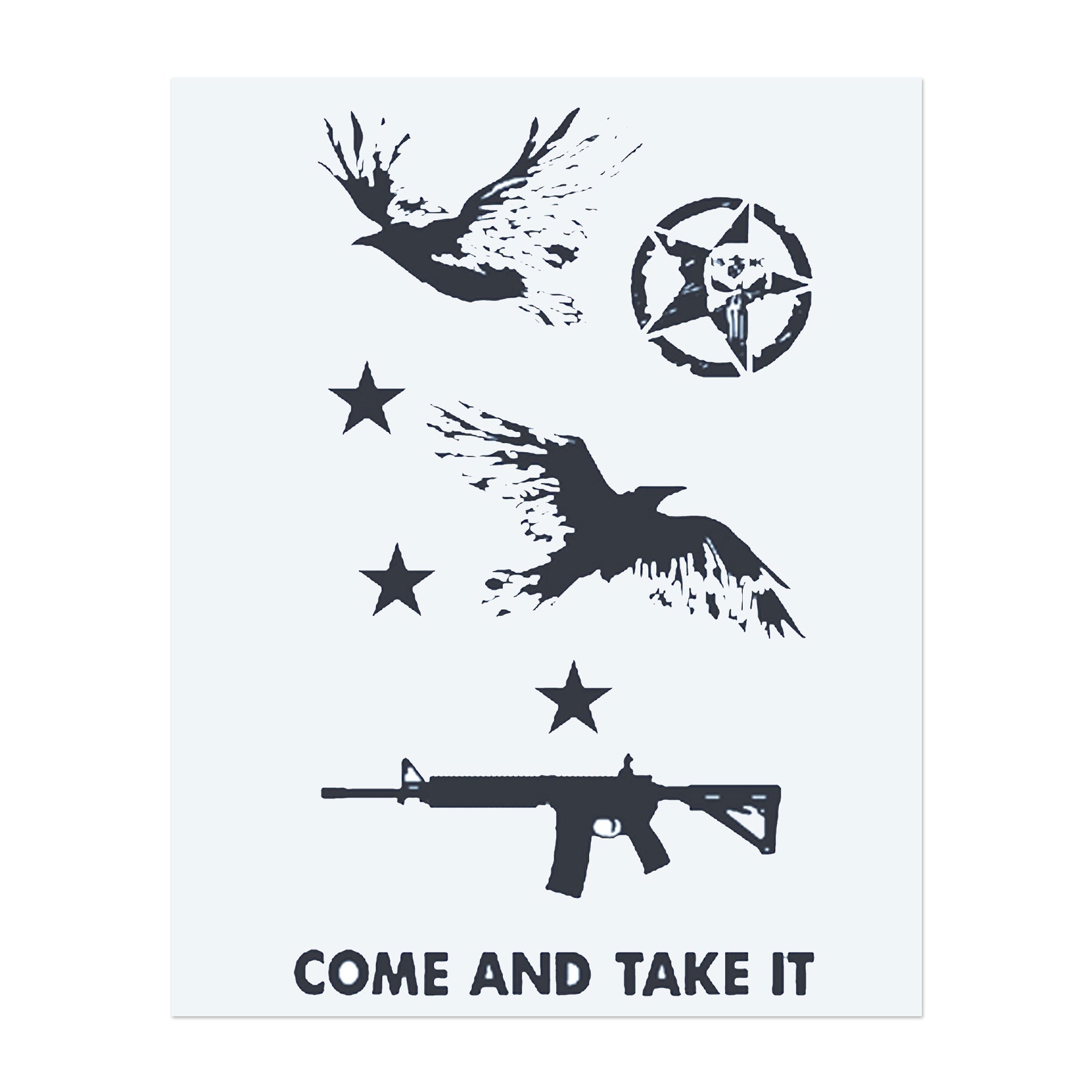 Fliegende Vögel, ein Sternsymbol und ein Sturmgewehr, mit den Worten "Come and Take It". Dieses Design repräsentiert Trotz, Freiheit und die Stärke, seine Überzeugungen zu verteidigen. Perfekt für jemanden, der Unabhängigkeit, Freiheit und Widerstandsfähigkeit schätzt.