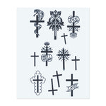 Ein Bündel von Kreuzen in verschiedenen Stilen, von kunstvollen Designs mit Schlangen und Augen bis hin zu einfacheren Kreuzen mit Wörtern wie "Love" und "Hell". Jedes Symbol spiegelt einen anderen Aspekt von Spiritualität, Leben und persönlicher Bedeutung wider. Ideal für jemanden, der ein Tattoo sucht, das Glauben, Kampf oder persönliche Überzeugungen repräsentiert.