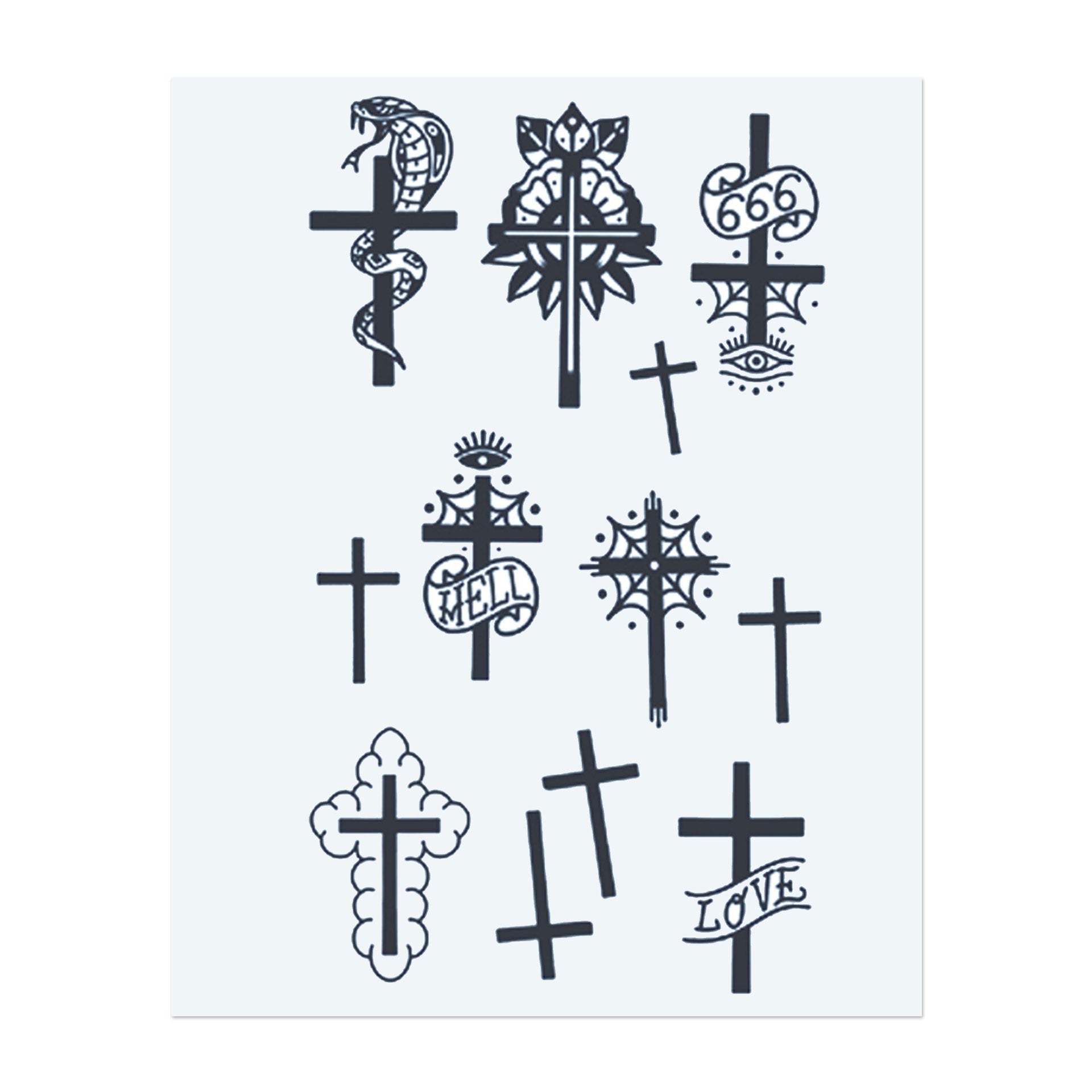 Ein Bündel von Kreuzen in verschiedenen Stilen, von kunstvollen Designs mit Schlangen und Augen bis hin zu einfacheren Kreuzen mit Wörtern wie "Love" und "Hell". Jedes Symbol spiegelt einen anderen Aspekt von Spiritualität, Leben und persönlicher Bedeutung wider. Ideal für jemanden, der ein Tattoo sucht, das Glauben, Kampf oder persönliche Überzeugungen repräsentiert.