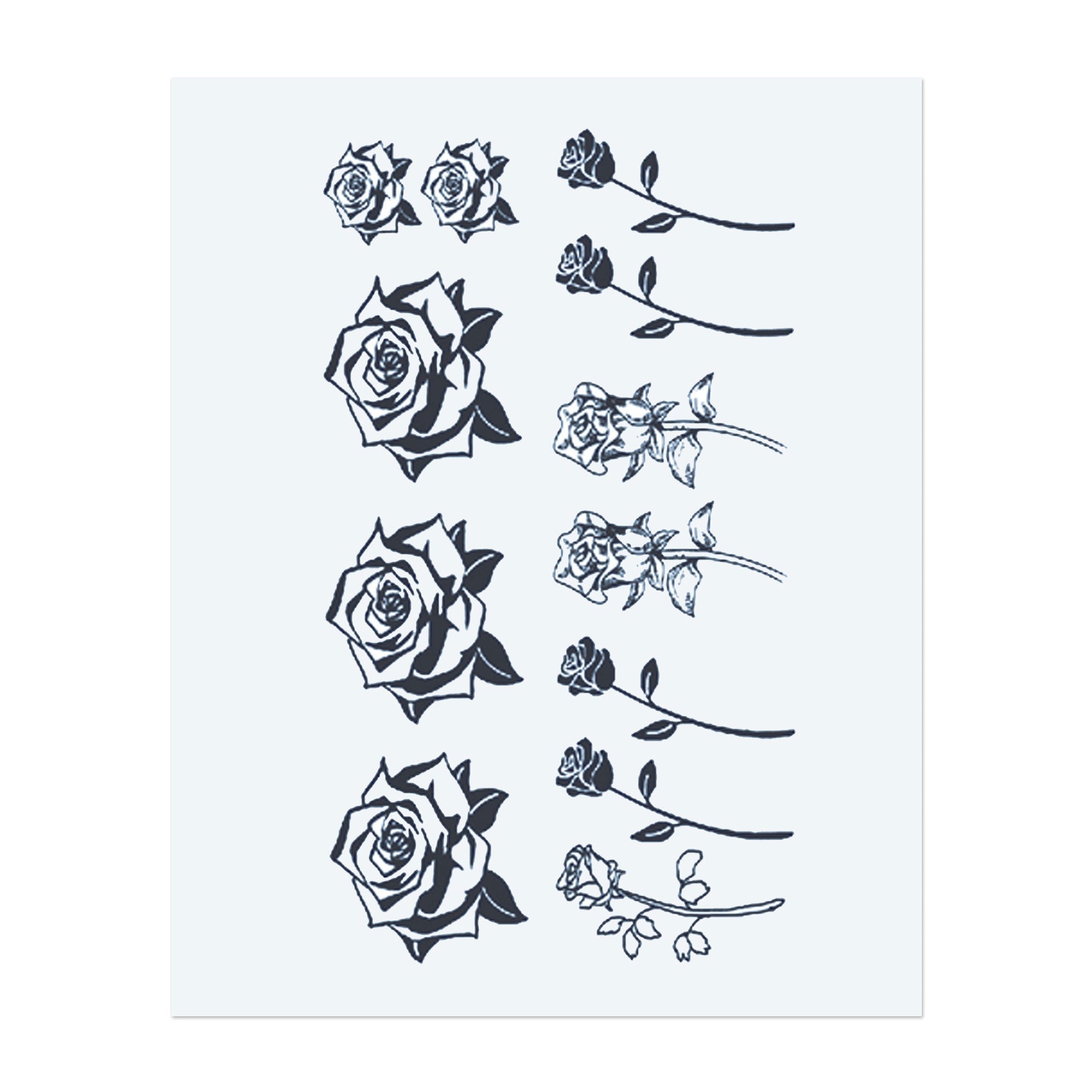 Ein Bündel schöner Rosen-Tattoos in verschiedenen Blühstadien, jedes mit zarten, fließenden Blättern und Blütenblättern. Dieses Design symbolisiert Liebe, Schönheit und Wachstum und ist perfekt für jemanden, der sowohl Eleganz als auch die Symbolik von Natur' zeitloser Schönheit schätzt.