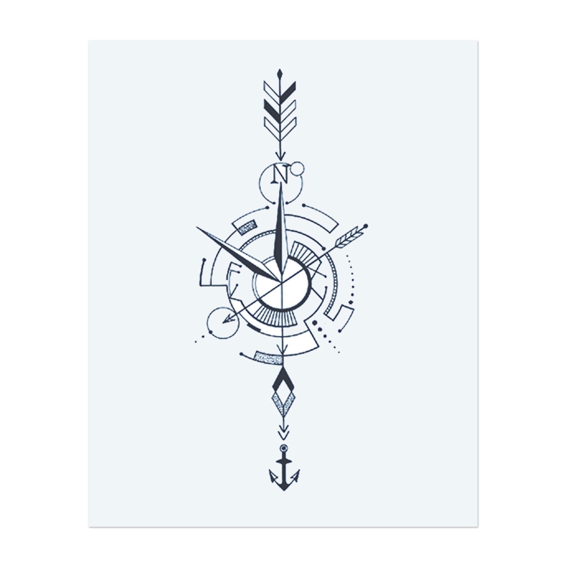 Ein cooles, abstraktes Design einer Uhr, umgeben von Pfeilen, Kreisen und geometrischen Formen. Die Uhr zeigt in verschiedene Richtungen und symbolisiert die Reise der Zeit.
