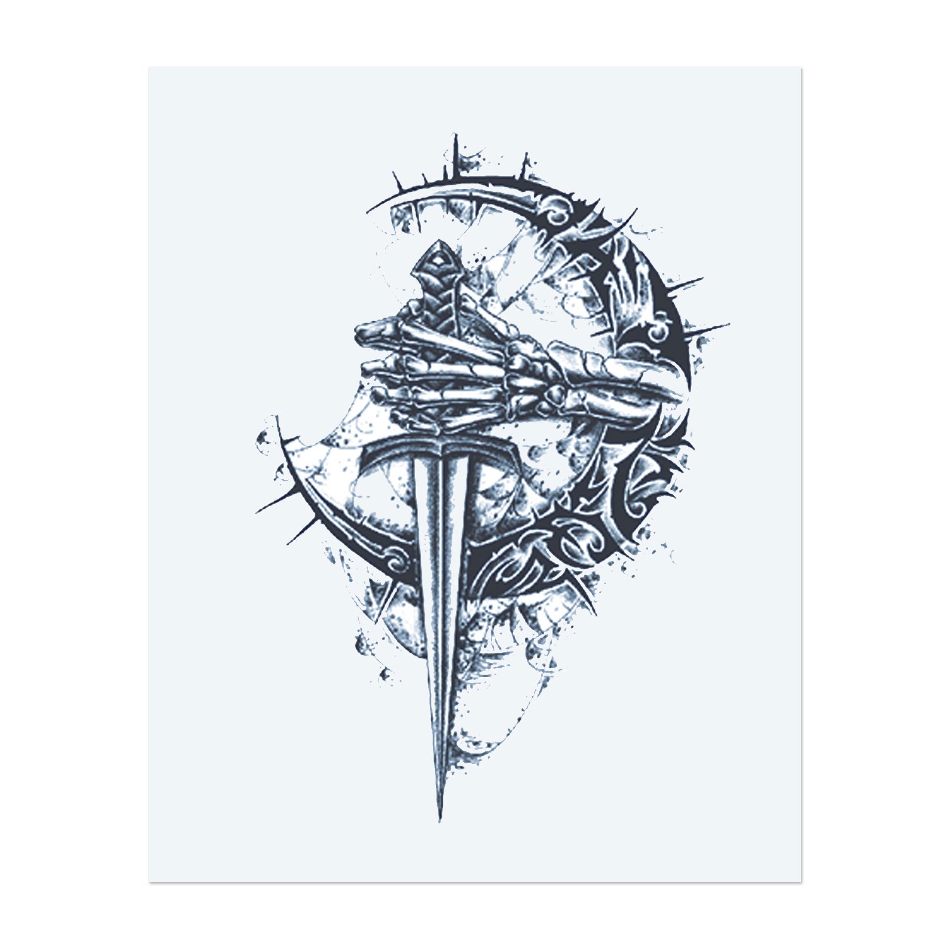 Ein scharfes Schwert, das durch einen Kreis aus Dornen sticht, umgeben von kunstvollen Mustern. Das Schwert steht für Stärke und Widerstandsfähigkeit, während die Dornen Herausforderungen symbolisieren. Das Tattoo hat ein furchtbares, kantiges Design, das Kraft und Entschlossenheit zeigt.