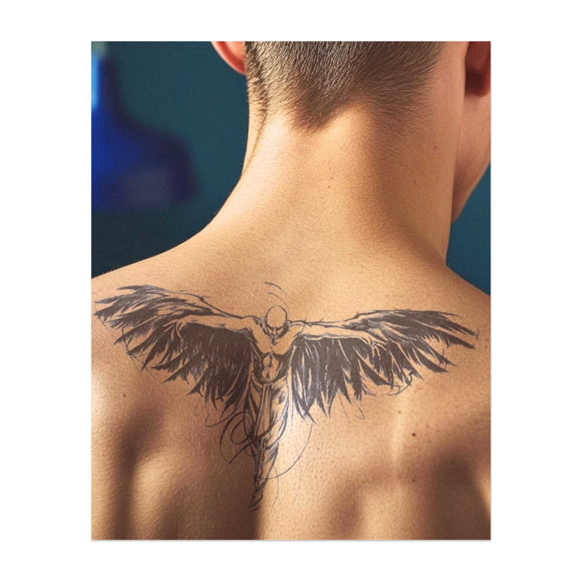 Ein Engel mit großen, fließenden Flügeln, die weit ausgebreitet sind, und der durch die Luft schwebt. Die Bewegung der Flügel und der Figur vermitteln ein Gefühl von Freiheit und Flug. Das Tattoo fängt das Gefühl von Stärke, Anmut und Befreiung ein.