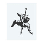 La silhouette spectaculaire d'un personnage transpercé par une épée en pleine chute, symbolisant le sacrifice, la défaite ou la chute d'un guerrier, rendue dans un noir audacieux et très contrasté.</span></p>