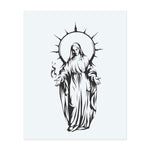 Une silhouette sereine, vêtue d'une robe, rayonne d'énergie divine sous un halo radieux, les mains ouvertes dans un geste de paix. Des lignes audacieuses et des courbes douces créent une présence spirituelle et puissante et évoquent la pureté et la protection.