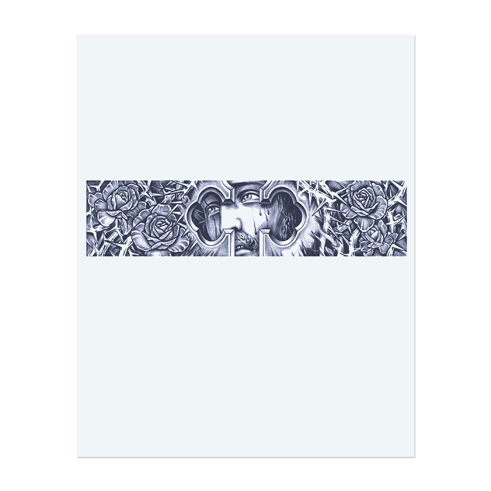 Ein kraftvolles Band-Design mit dem Gesicht von Jesus, eingerahmt von Rosen und Dornen. Dieses Tattoo symbolisiert Glauben, Opfer und spirituelle Stärke und fängt tiefe Emotionen und Hingabe ein.