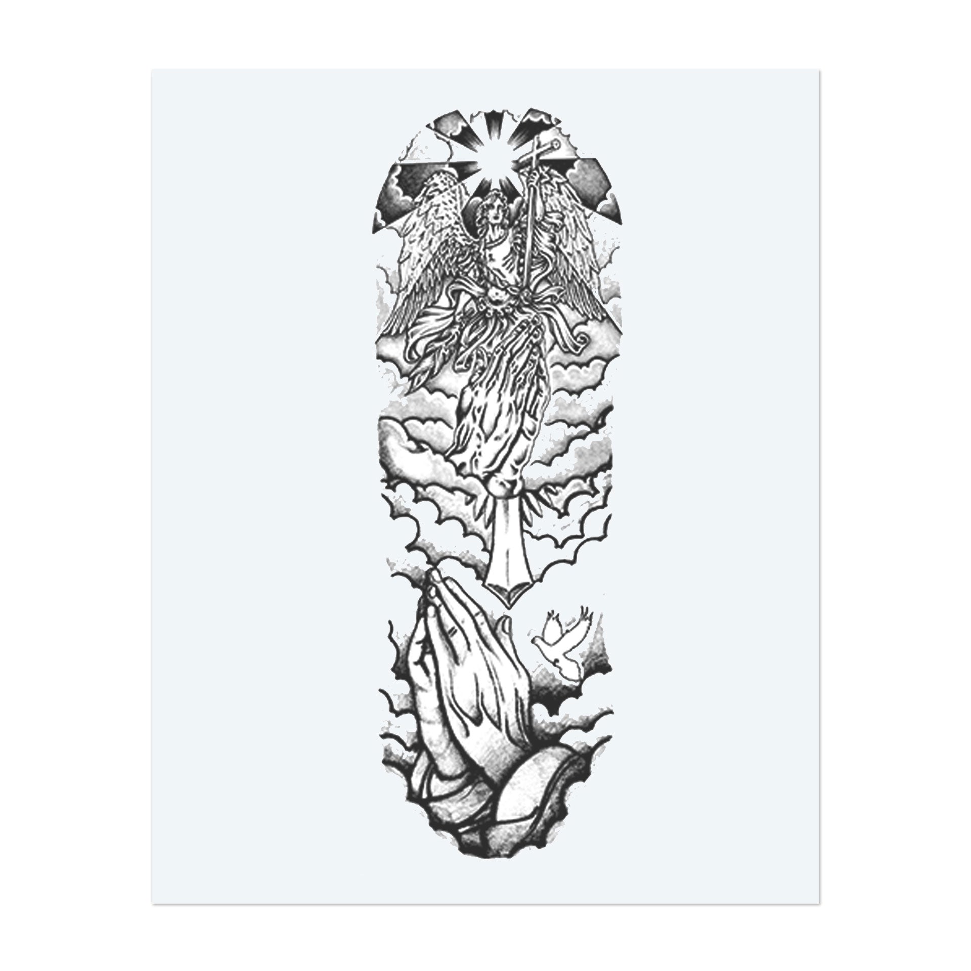 Un ange avec un bâton monte au milieu de rayons radieux et de nuages ​​ondulants, couronné par un ciel étoilé. Ci-dessous, les mains jointes en prière et une colombe volante symbolisent la paix et la dévotion. Ce tatouage incarne la grandeur spirituelle et la sérénité divine dans un style classique et respectueux.</span></p>