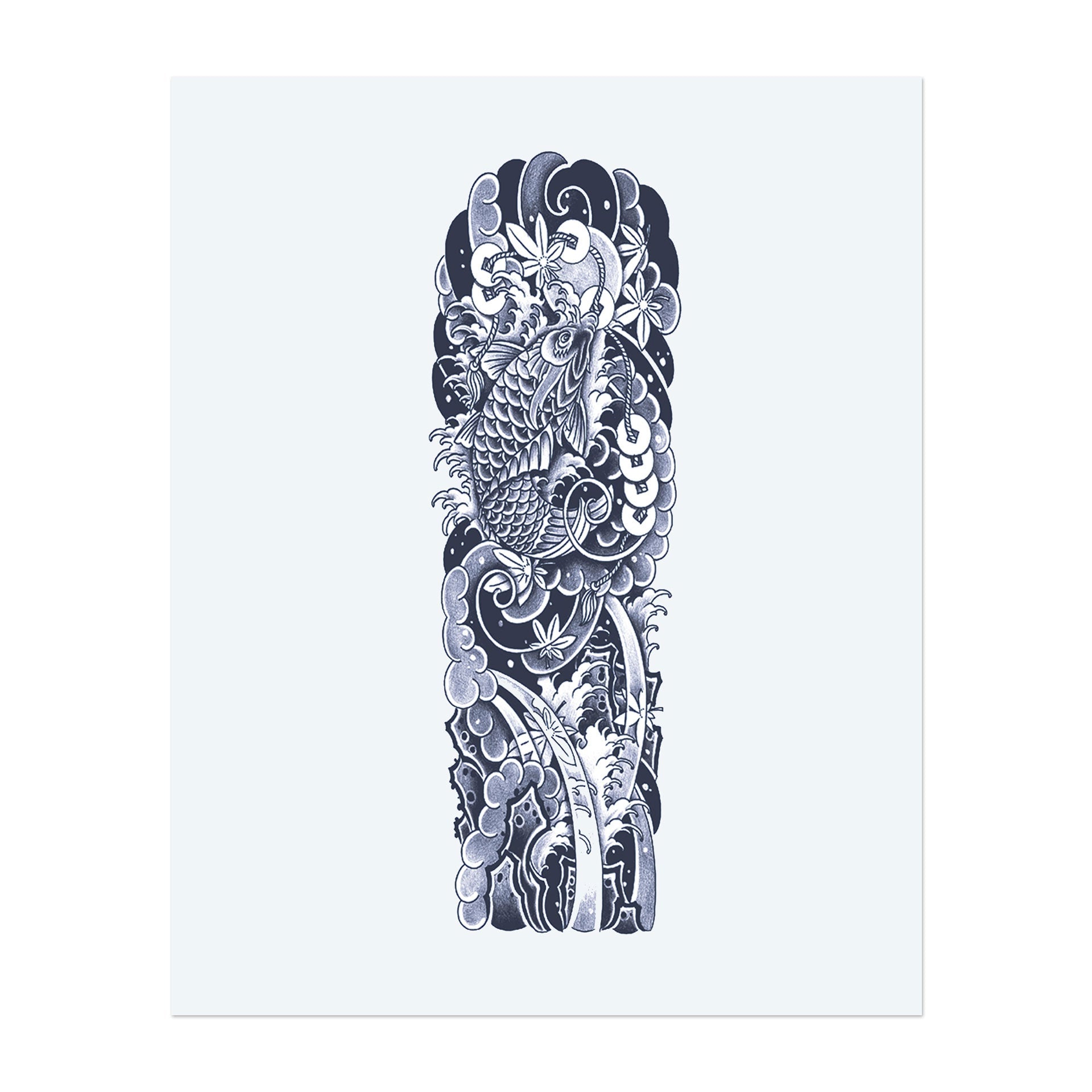 Dieses Sleeve zeigt einen majestätischen Koi-Fisch, der durch Wellen nach oben schwimmt und von zarten Blumen umgeben ist. Es symbolisiert Stärke, Ausdauer und Transformation und stellt die Reise dar, Hindernisse zu überwinden.