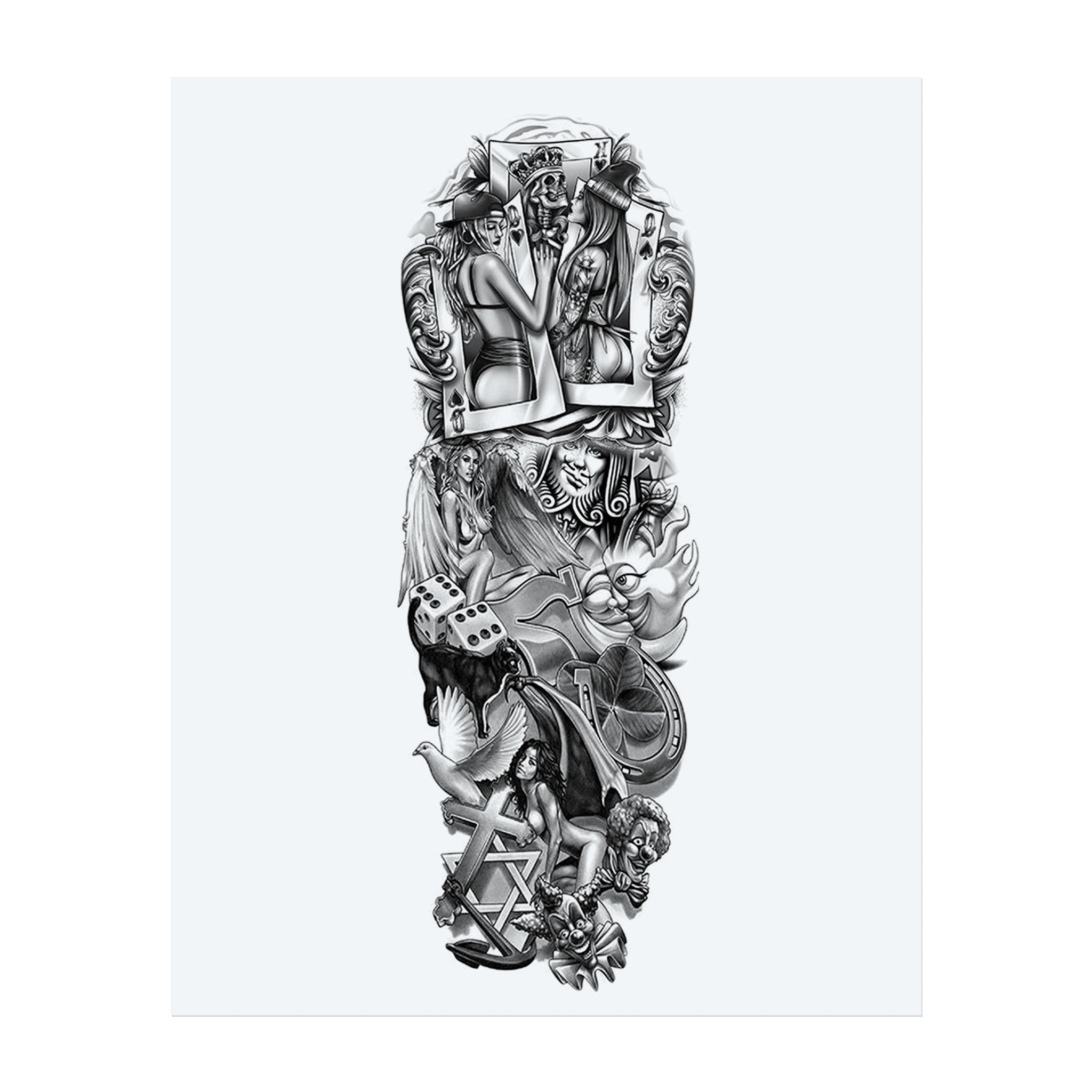 Ce tatouage déploie un collage vibrant de cartes à jouer, de dés, de femmes, de flammes et de colombes, symbolisant le destin, la passion et le chaos de la vie. Chaque élément s’entremêle dans un récit dramatique de risque, de désir et de poursuite de la liberté.</span></p>