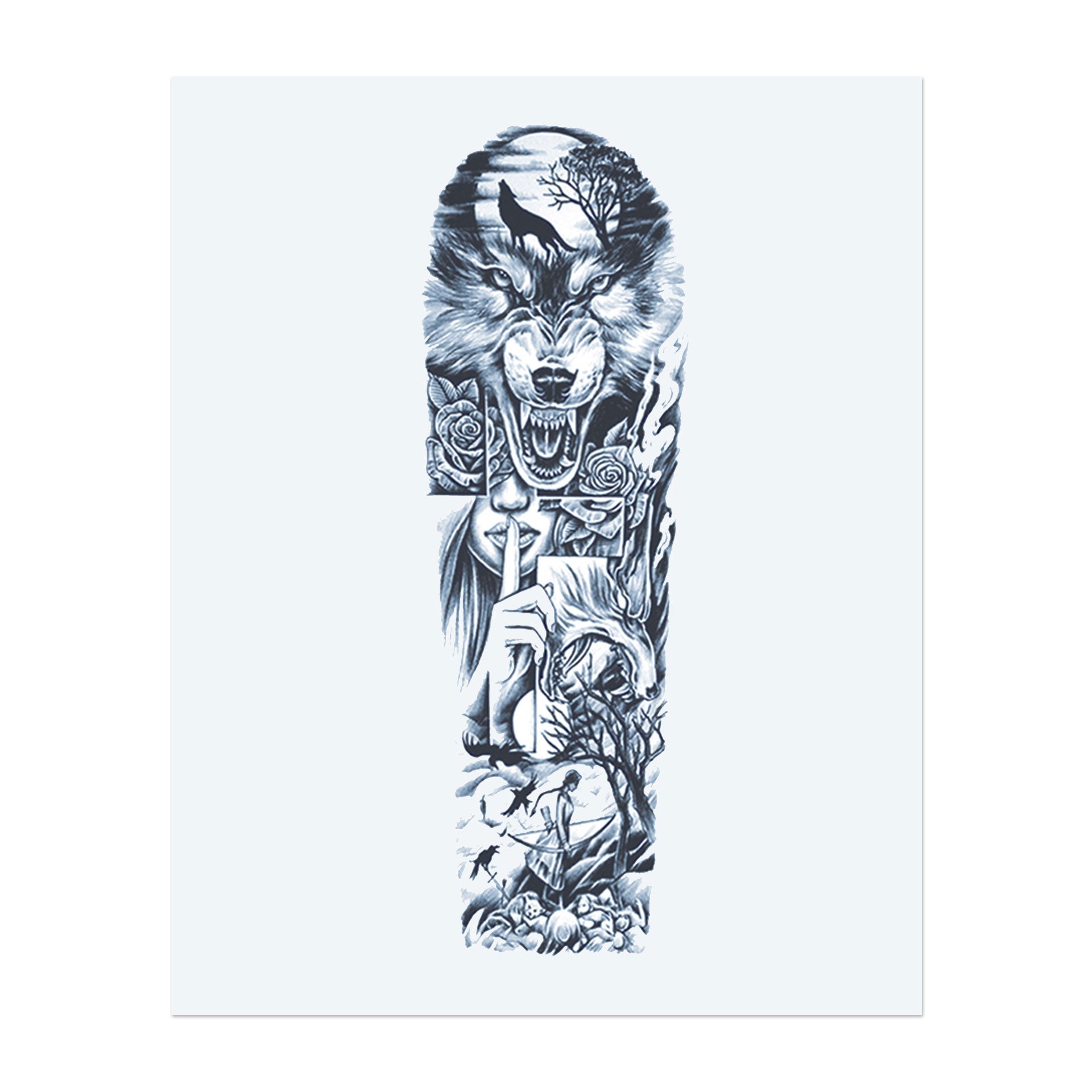 Dieses Sleeve zeigt einen furchterregenden Wolf, eine geheimnisvolle Frau mit einem Finger auf ihren Lippen und gespenstische Landschaften. Es symbolisiert Stärke, Stille und die unerzählten Geheimnisse der Natur und verbindet Macht und Geheimnis in einem fesselnden Design.