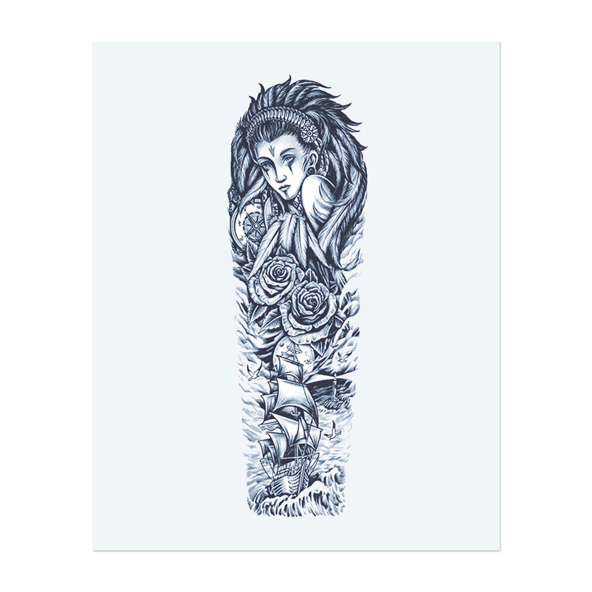 Dieses Sleeve zeigt eine ruhige Frau, umgeben von Rosen, und ein Schiff, das durch die Wellen segelt. Es symbolisiert Liebe, Abenteuer und die tiefe Verbindung zwischen Meer und Herz und verbindet Eleganz mit einem Gefühl der Reise.