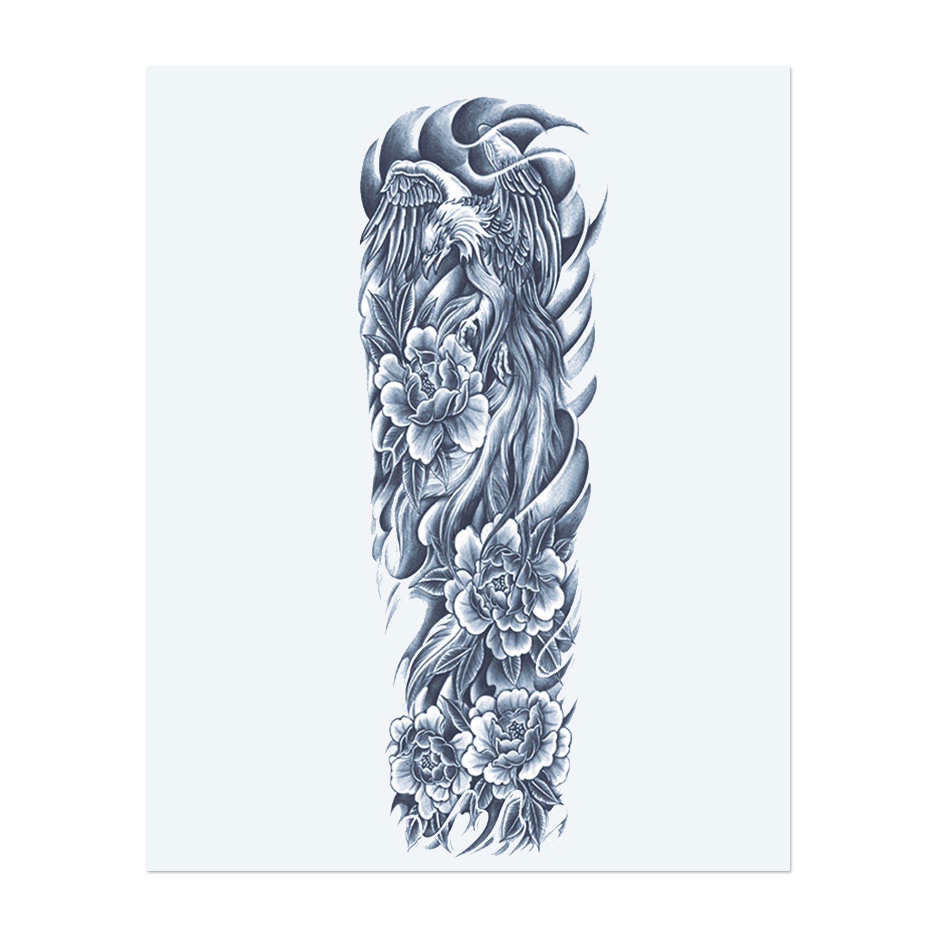 Dieses Sleeve zeigt einen aufsteigenden Phönix aus den Flammen, umgeben von üppigen Pfingstrosen. Es symbolisiert Wiedergeburt, Widerstandsfähigkeit und die harmonische Verbindung von Stärke und Schönheit, während er aus der Asche emporsteigt.