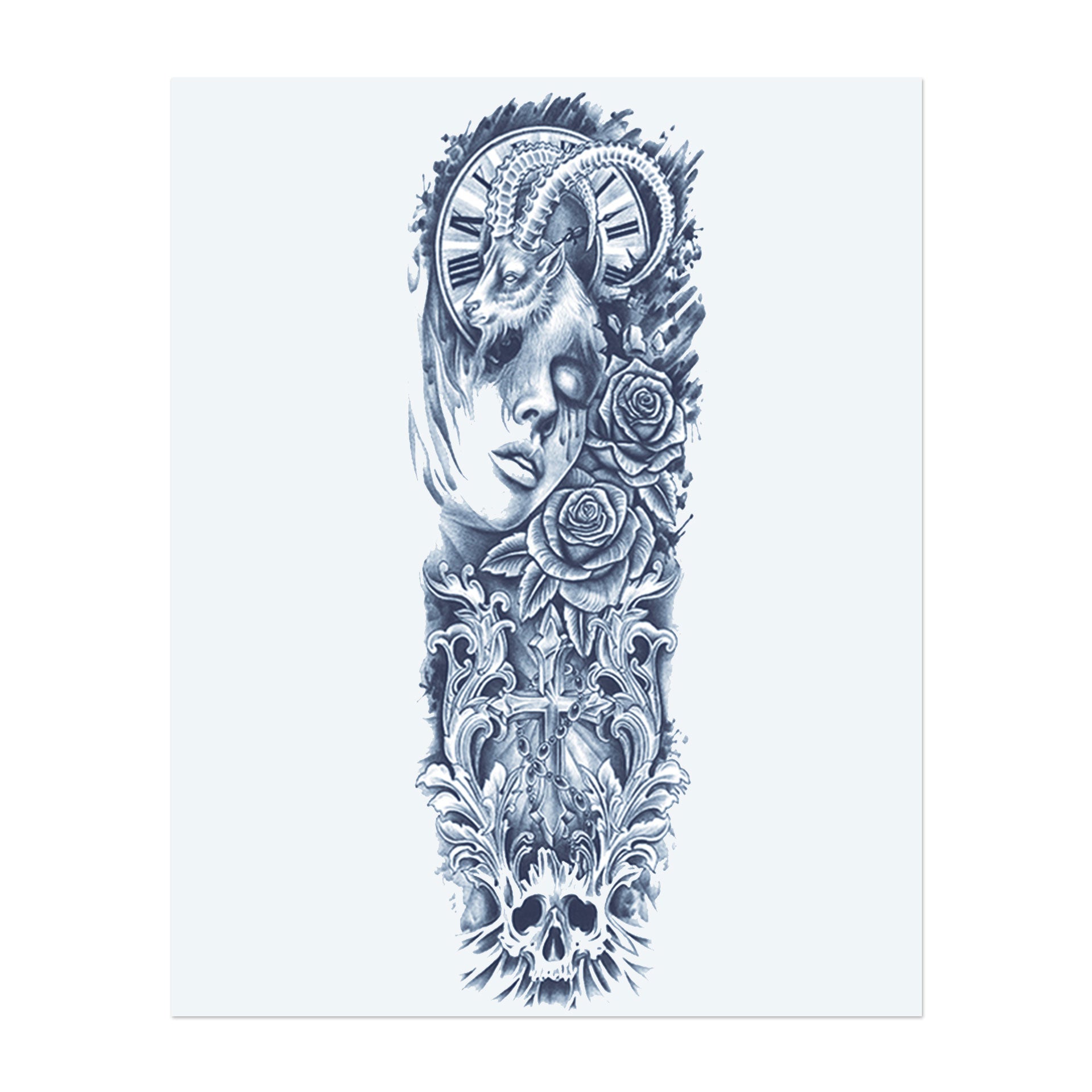 Dieses Sleeve zeigt ein faszinierendes Design einer Frau mit Tränen, einem Widderkopf, Rosen, einem Kreuz und einer Uhr. Es symbolisiert den Verlauf der Zeit, Verlust und das Gleichgewicht zwischen Leben, Tod und Wiedergeburt.