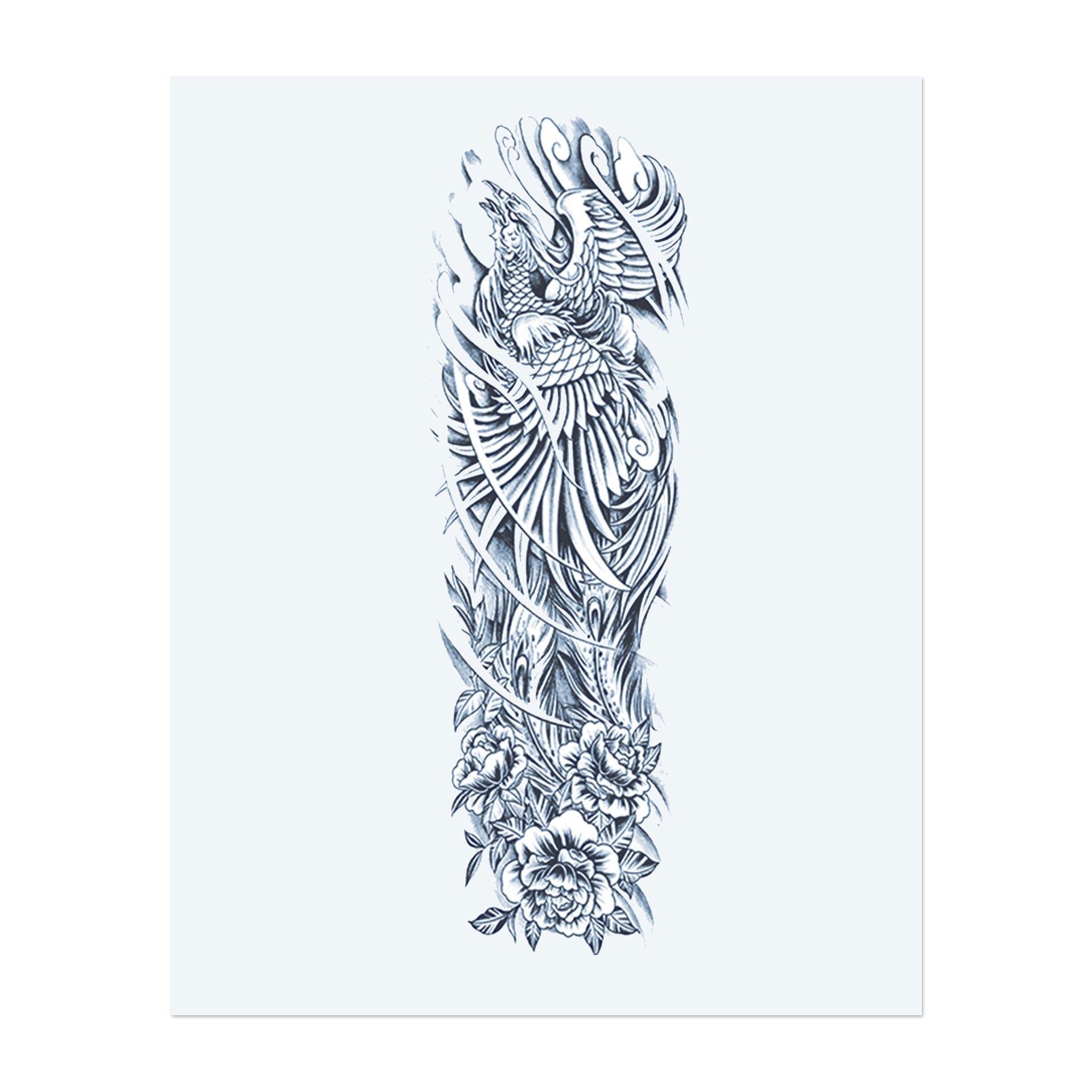 Dieses Sleeve zeigt einen majestätischen Phönix, der durch die Winde schwebt, umgeben von blühenden Pfingstrosen. Es symbolisiert Wiedergeburt, Stärke und die Schönheit der Transformation, während der Phönix aus der Asche emporsteigt, um seine Macht zurückzuerobern.