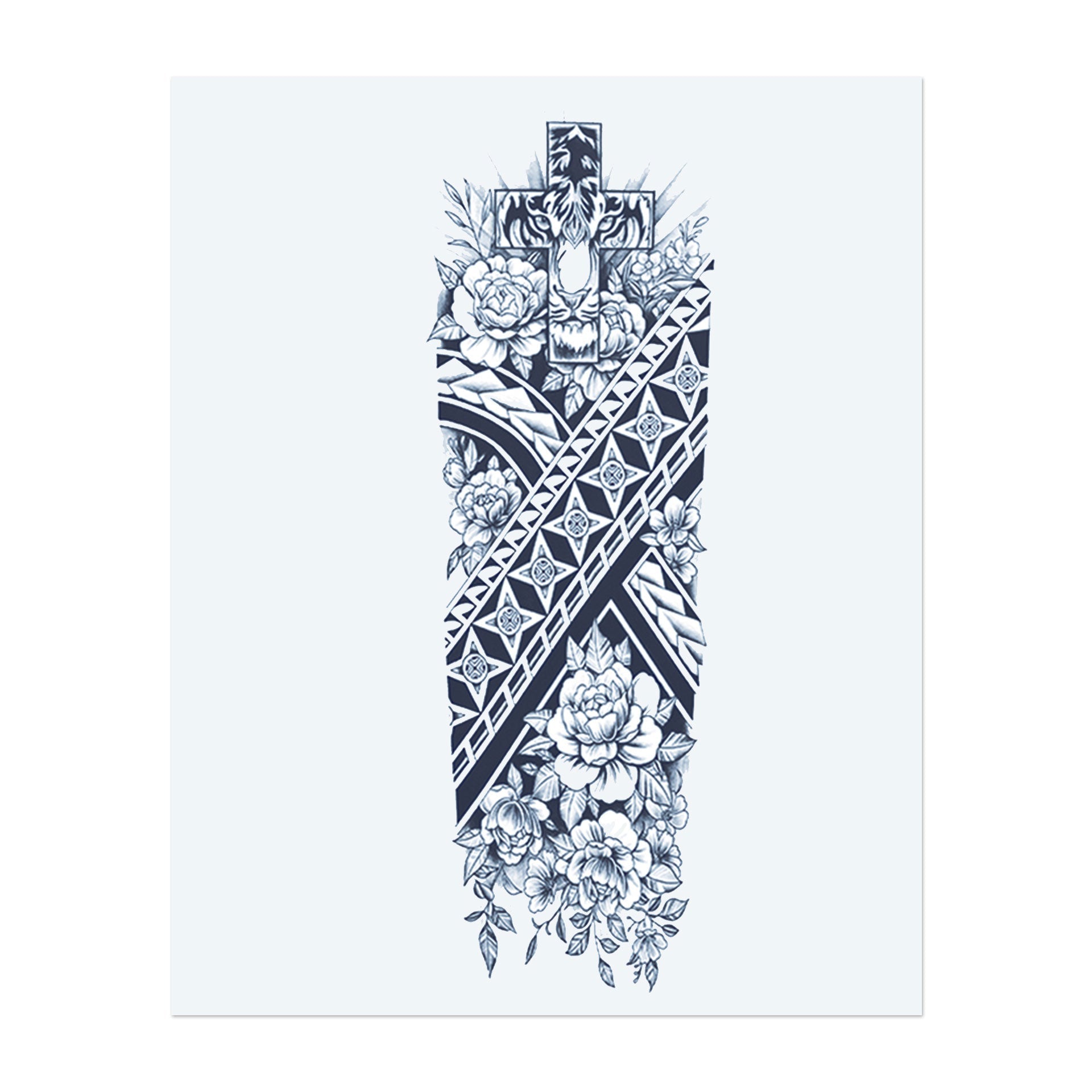 Dieses Sleeve zeigt ein kraftvolles Kreuz mit dem Gesicht eines Tigers, das mit kunstvollen Tribal-Mustern verknüpft und von Rosen umgeben ist. Es symbolisiert Glauben, Stärke und den furchtbaren Schutz des Geistes.