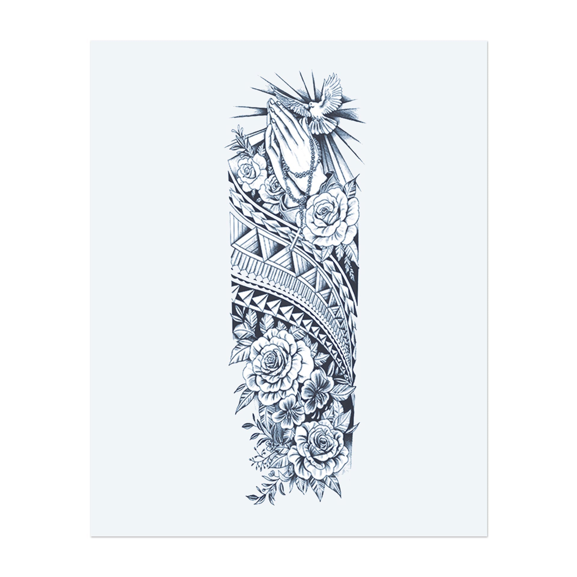 Dieses Sleeve zeigt betende Hände mit einem Rosenkranz, umgeben von lebhaften Rosen und Tribal-Mustern. Es symbolisiert Hingabe, Frieden und spirituelle Stärke und verbindet Glauben mit natürlicher Schönheit.