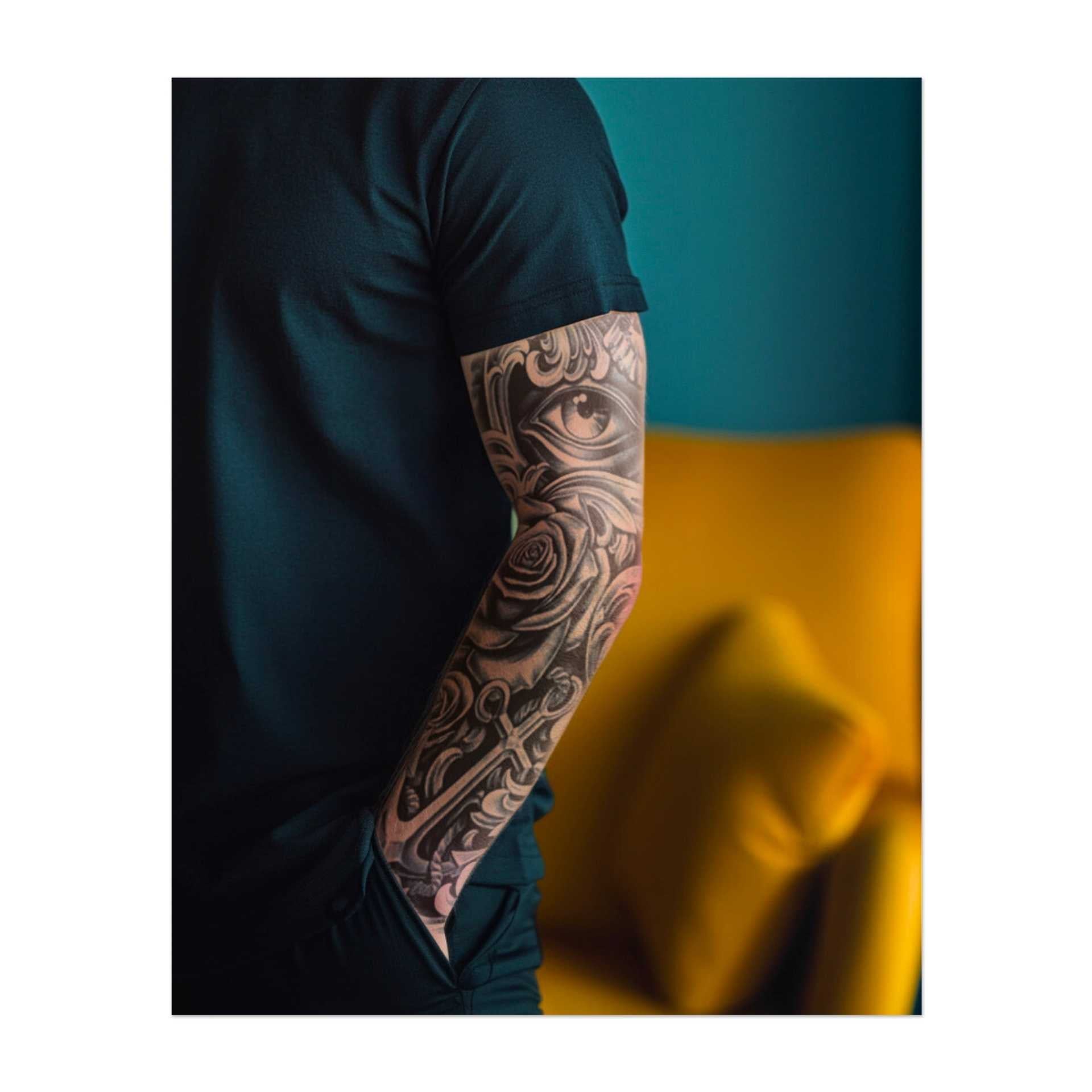 Dieses Sleeve zeigt ein wachendes Auge, eine fliegende Taube, Rosen und einen Anker. Es symbolisiert spirituelle Klarheit, Frieden und Führung und vereint göttlichen Schutz mit der Schönheit der Natur.