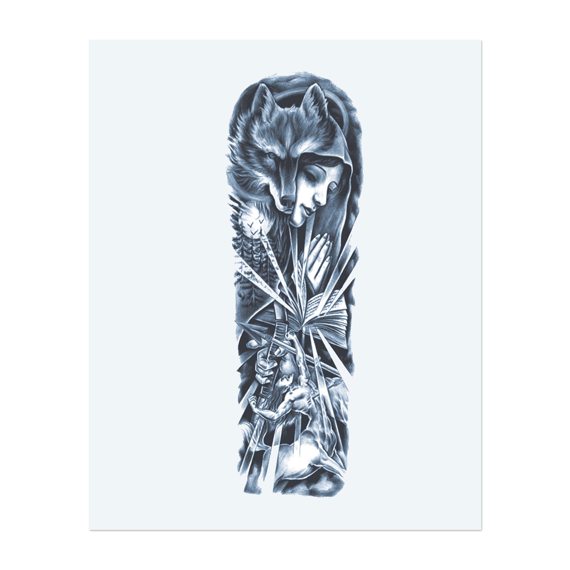 Dieses Sleeve zeigt einen mächtigen Wolf, eine betende Figur und ein Buch mit einem Schwert, das Stärke, Glauben und den Kampf zwischen Licht und Dunkelheit symbolisiert. Es repräsentiert Schutz durch Glauben und innere Stärke.