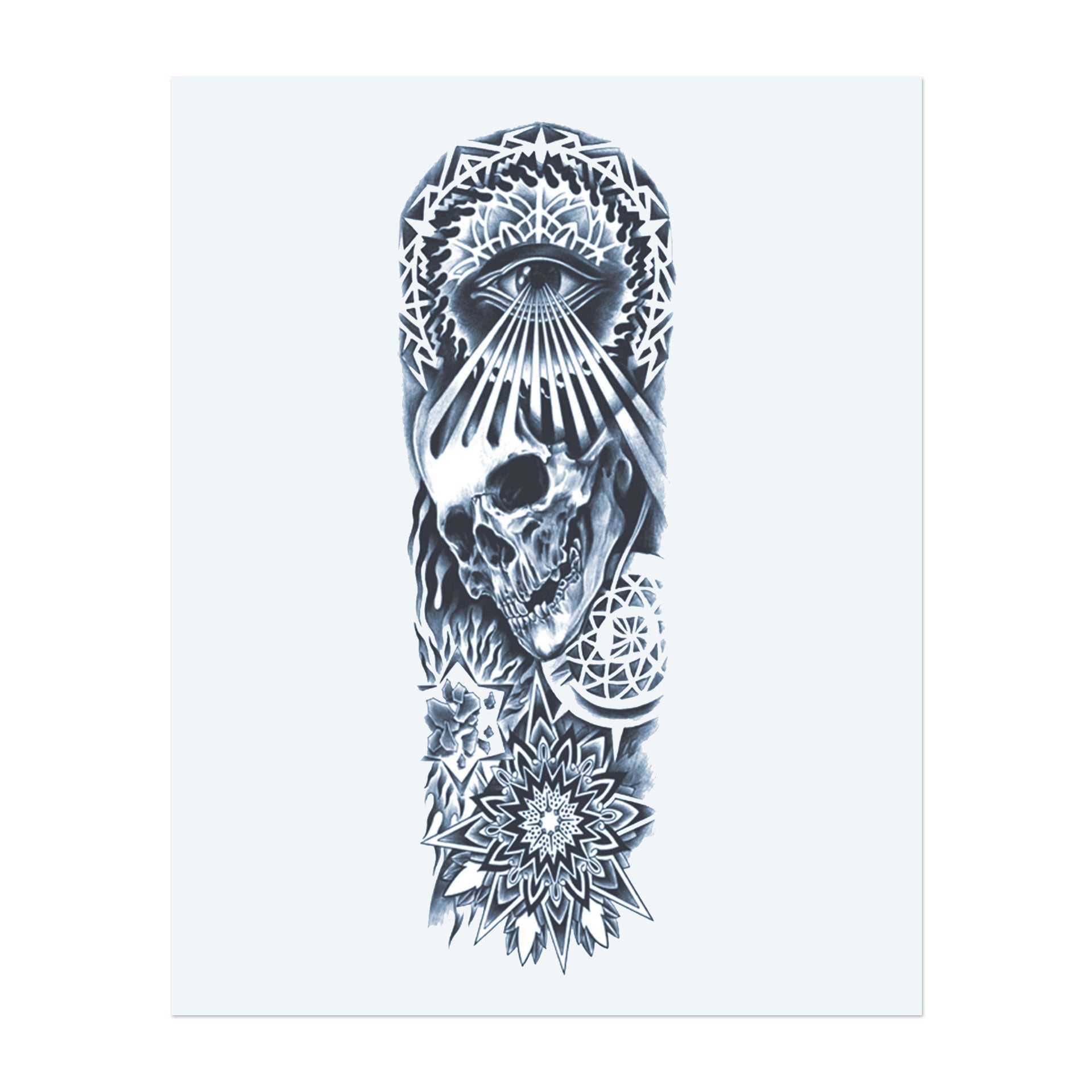 Dieses Sleeve verbindet einen Totenschädel mit geometrischen Mustern und einem allsehenden Auge, das die Verbindung zwischen Leben, Tod und der göttlichen Einsicht symbolisiert, die uns führt. Das kunstvolle Design repräsentiert die Geheimnisse des Daseins und das Entfalten des Schicksals.