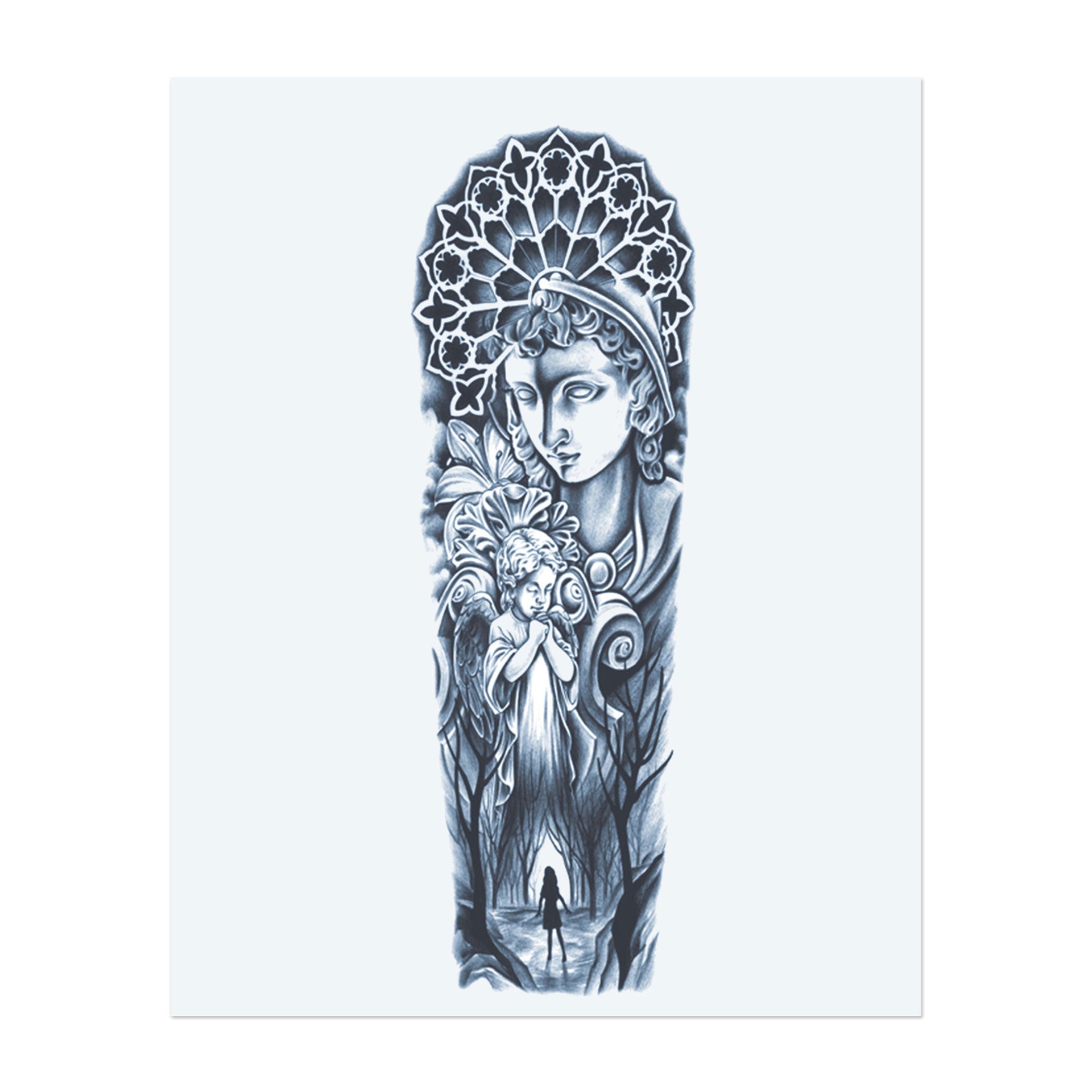 Tatouage détaillé de style réaliste représentant une figure de Madone, un enfant ange et une personne sur un chemin forestier sombre. Le design contient des ornements gothiques et un symbolisme spirituel.</p>