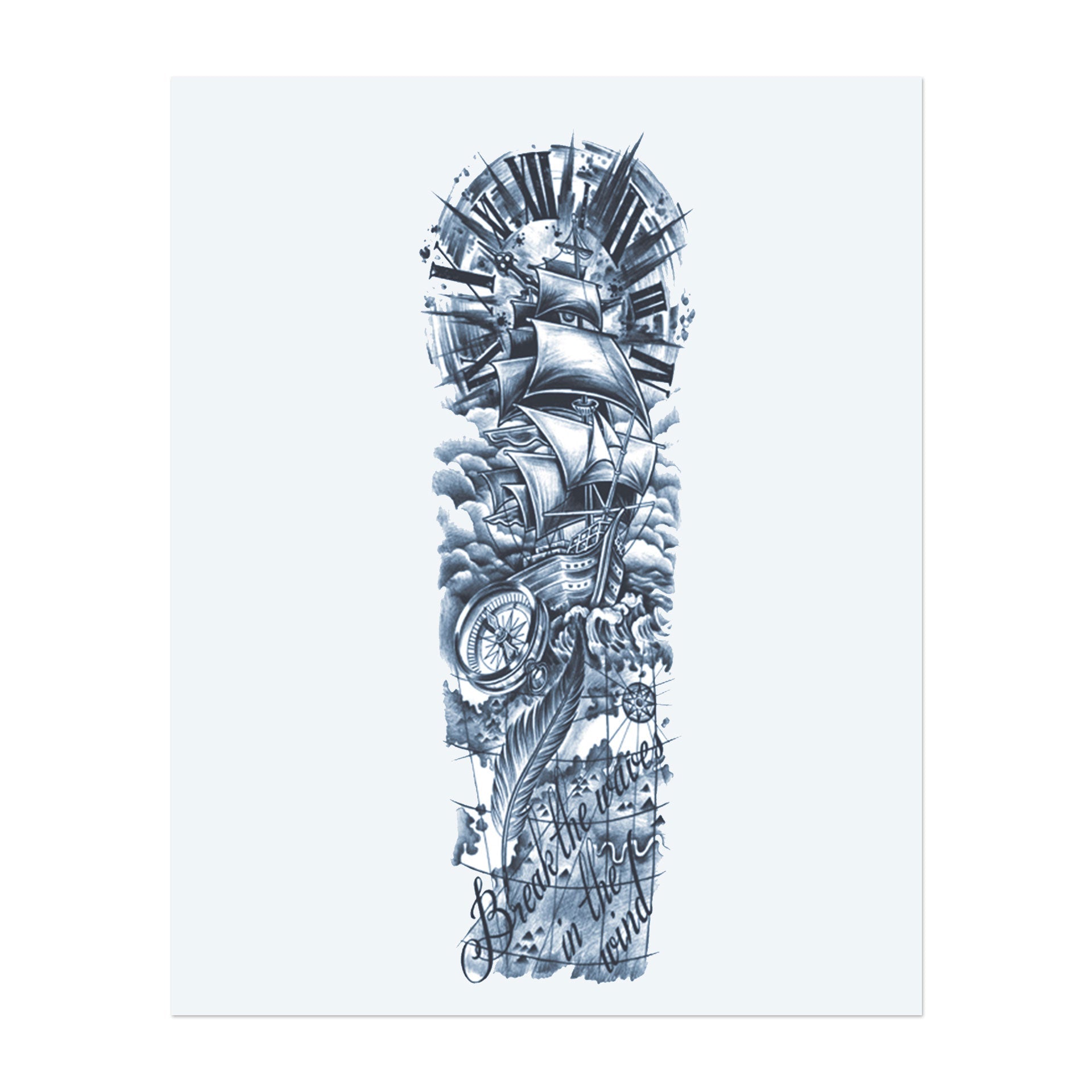 Dieses Sleeve zeigt ein majestätisches Schiff, das durch die Wolken bricht, mit einem Kompass, einer Uhr und einer Feder, die eine Reise durch die wechselnden Gezeiten des Lebens symbolisieren. Der Spruch "Break the waves in the wind" fängt den Geist von Abenteuer und Widerstandsfähigkeit ein.