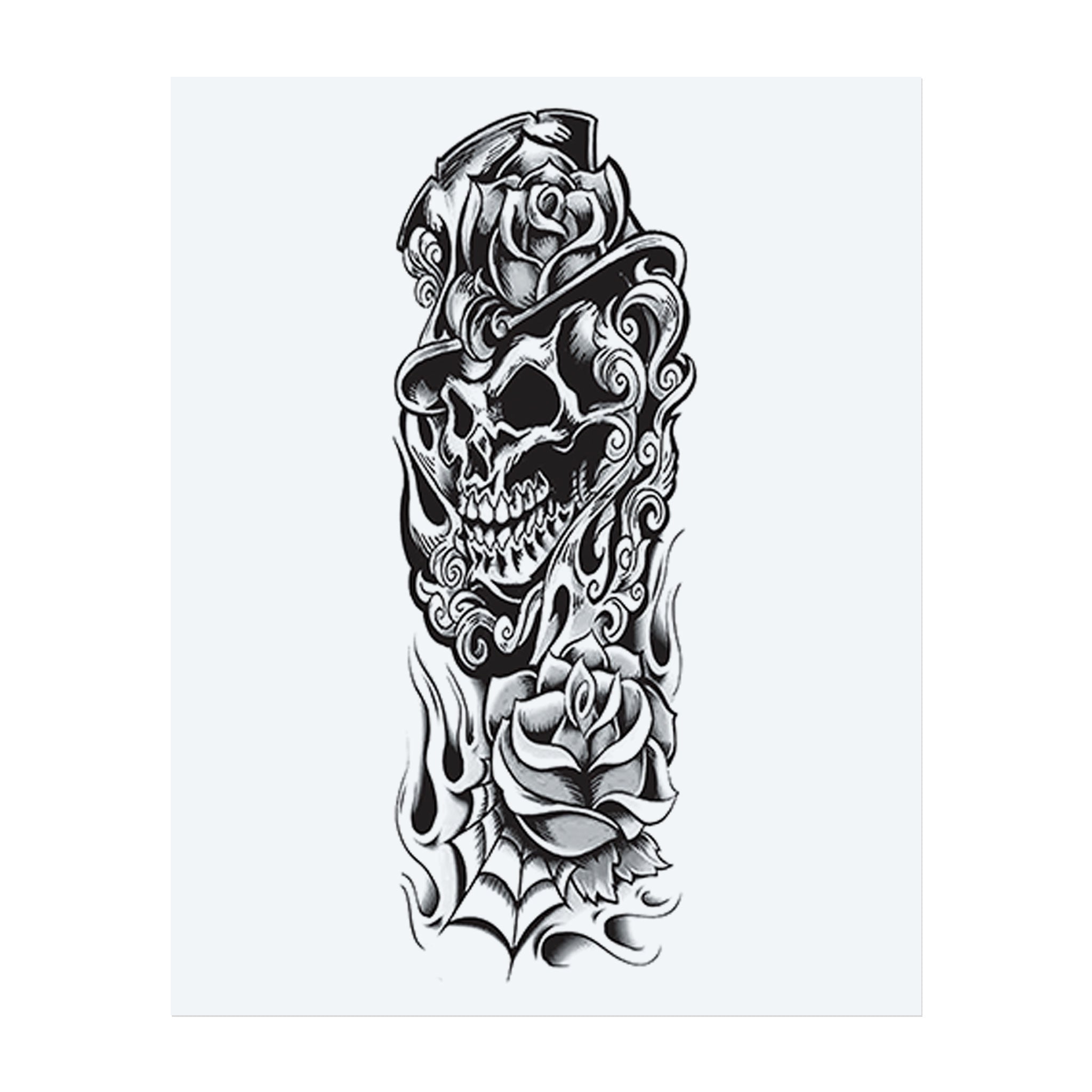 Un crâne sinistre sourit sous un haut-de-forme orné de roses, entouré de flammes tourbillonnantes, de roses et d'un coin en filet. Combinant le charme gothique avec une touche vintage, ce tatouage temporaire symbolise la beauté, la mortalité et l'art du défi élégant.</span></p>