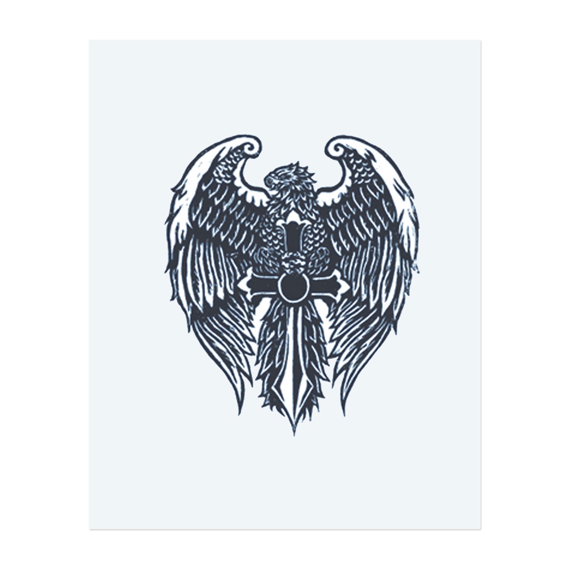 Ein Paar majestätischer Flügel, die ein Kreuz umschließen, symbolisieren Schutz, Stärke und Glauben. Das Design vereint göttliche Macht mit Freiheit und repräsentiert das Gleichgewicht zwischen spiritueller Führung und persönlicher Stärke.