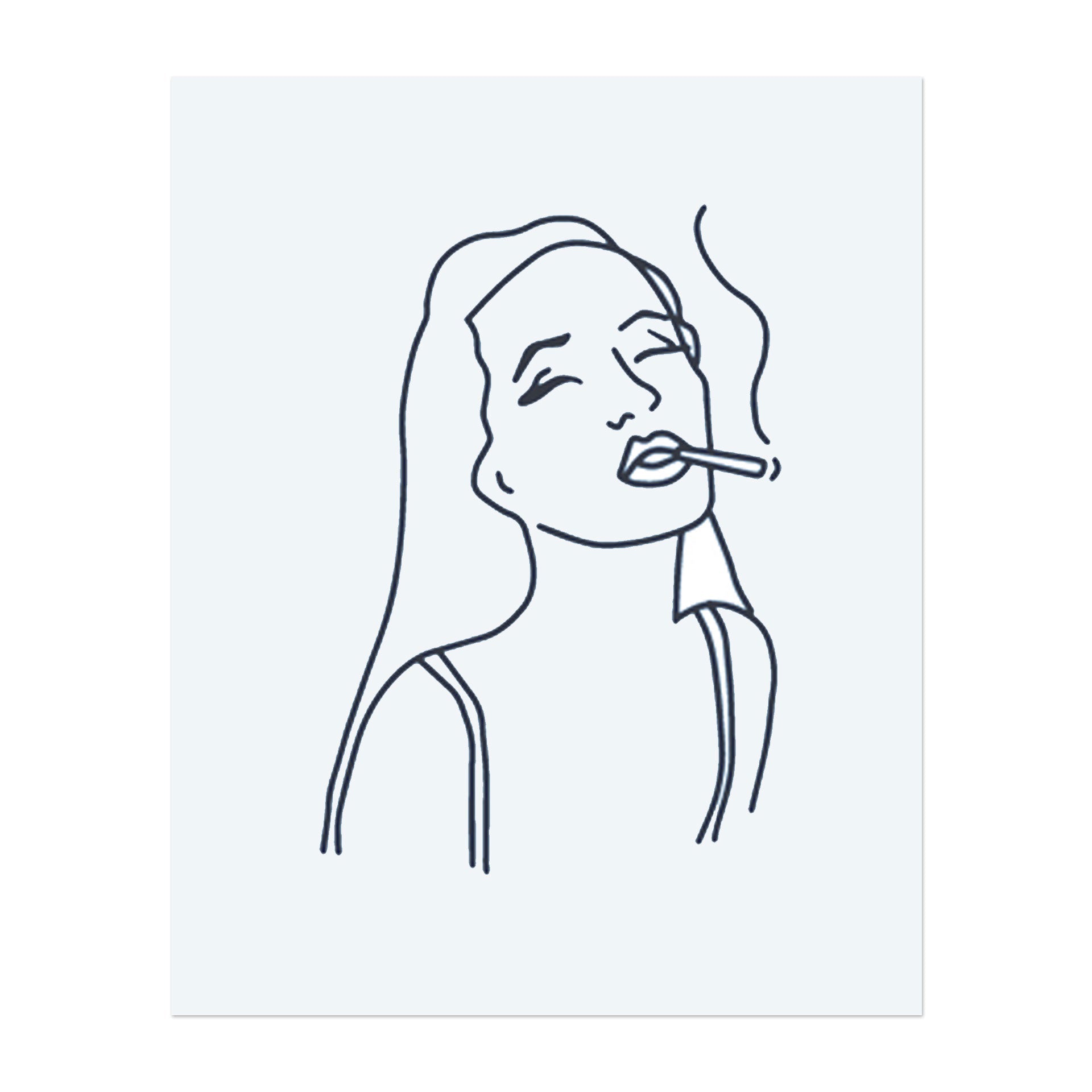 Ein minimalistisches Tattoo einer Frau mit einem entspannten Blick, die eine Zigarette raucht. Ihr langes Haar weht sanft, und der Rauch schlängelt sich in die Luft. Das Design ist in klaren, einfachen Linien gezeichnet, was ihm ein modernes, lässiges Gefühl verleiht.
