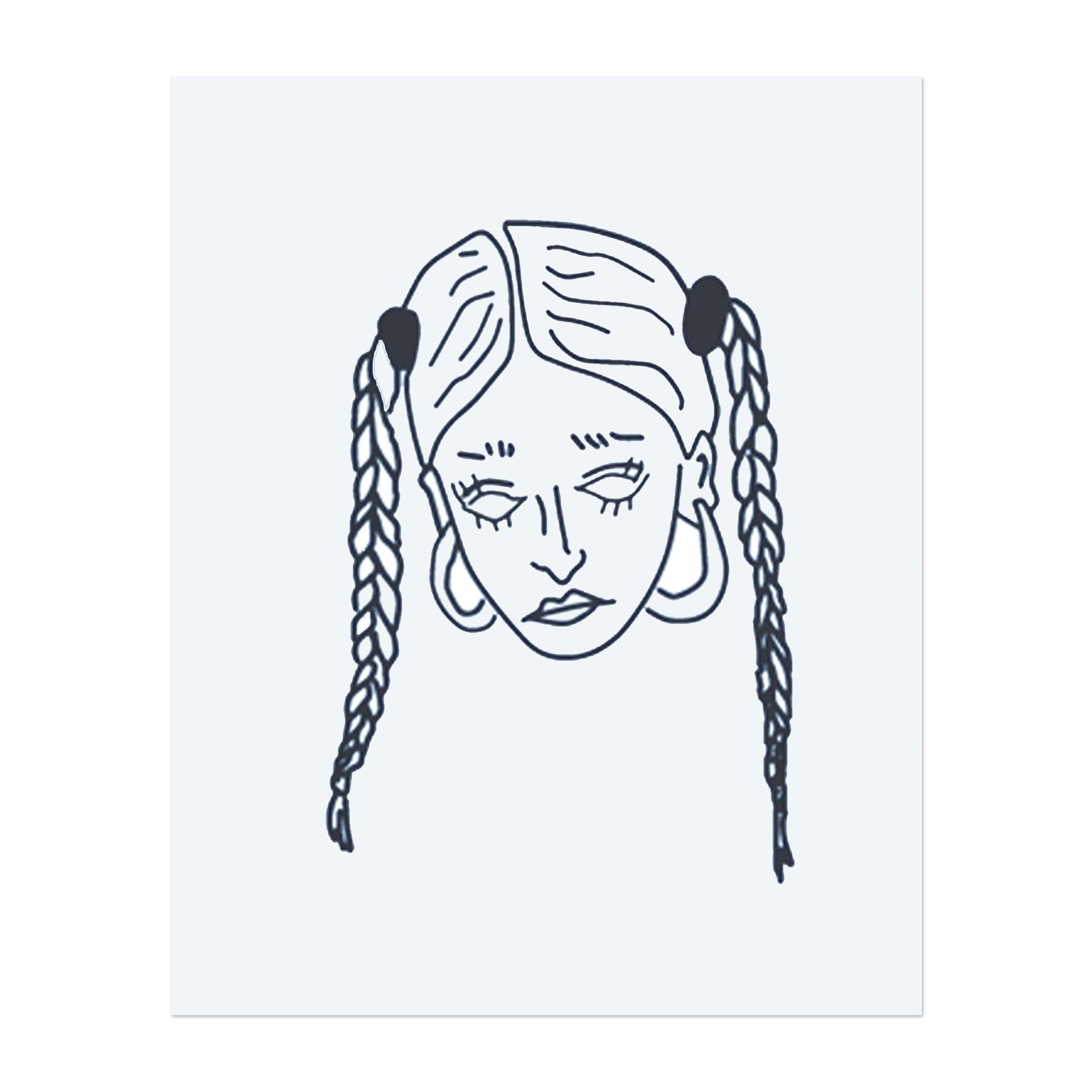 Ein minimalistisches Tattoo einer Frau mit zwei Zöpfen und großen Creolen. Ihr ruhiger Ausdruck und die zarten Linien fangen eine coole, sorglose Stimmung ein. Das Design ist einfach und stilvoll, in klaren Linien gezeichnet.